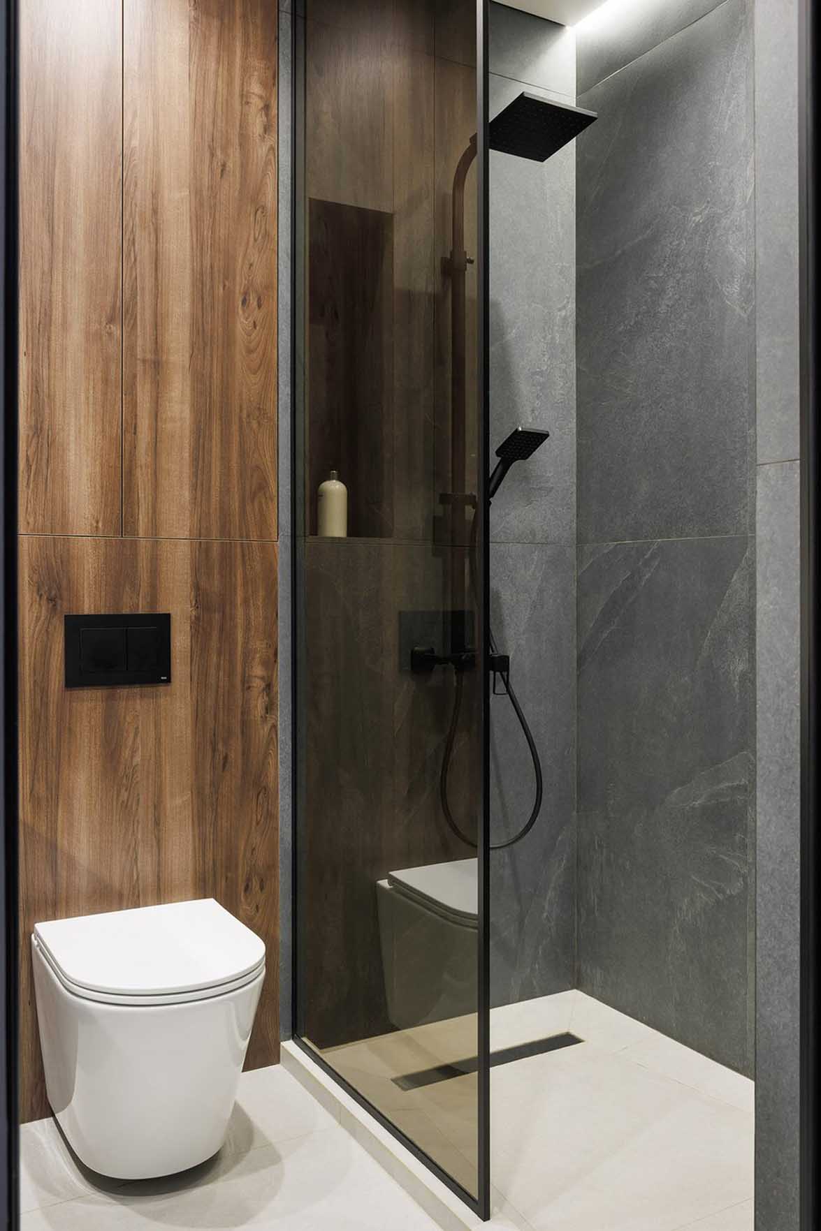 salle de bain grise et noyer appartement 40m2 décoration contemporaine salle de bain grise et noyer appartement 40m2 décoration contemporaine