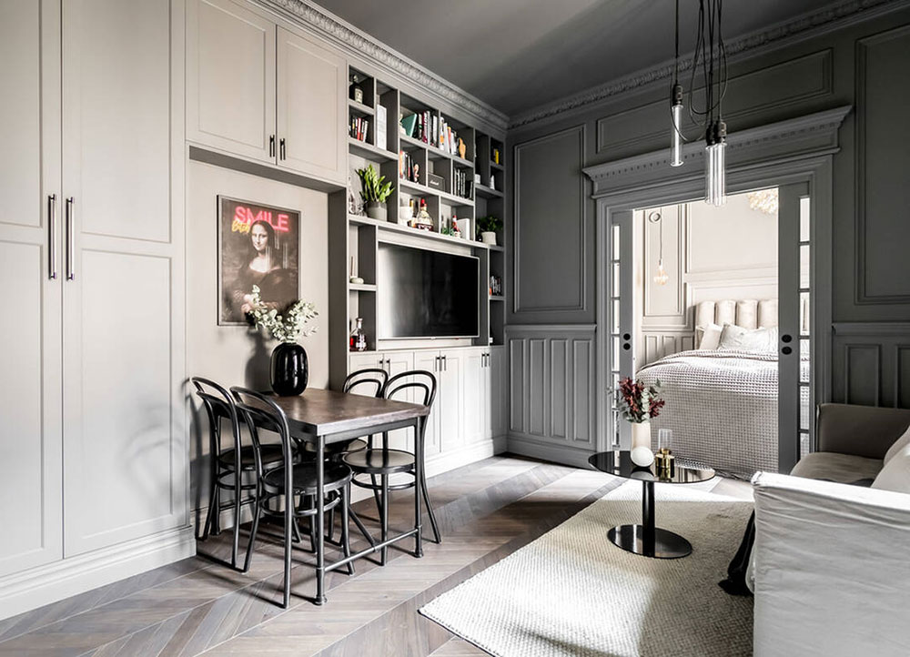 chambre et salon avec moulures anciennes décoration grise scandinave et contemporaine deux-pièces 39m2 chambre et salon avec moulures anciennes décoration grise scandinave et contemporaine deux-pièces 39m2