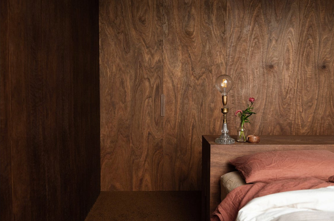 bedroom with eucalyptus walls in a contemporary house in a former church with architect bedroom with eucalyptus walls in a contemporary house in a former church with architect's extension