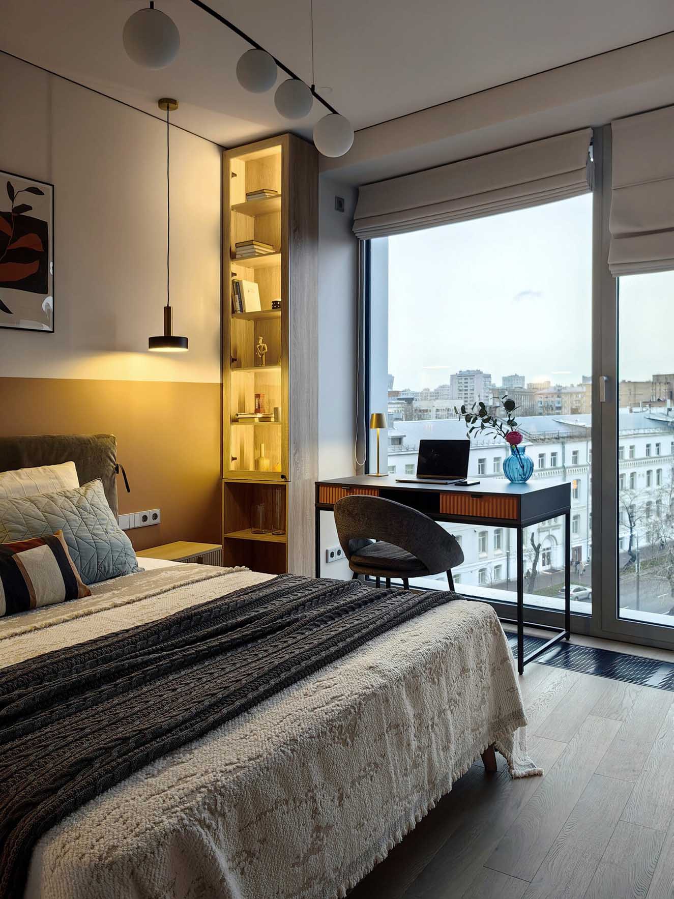 bureau sous fenêtre dans chambre décoration contemporaine deux-pièces 34m2