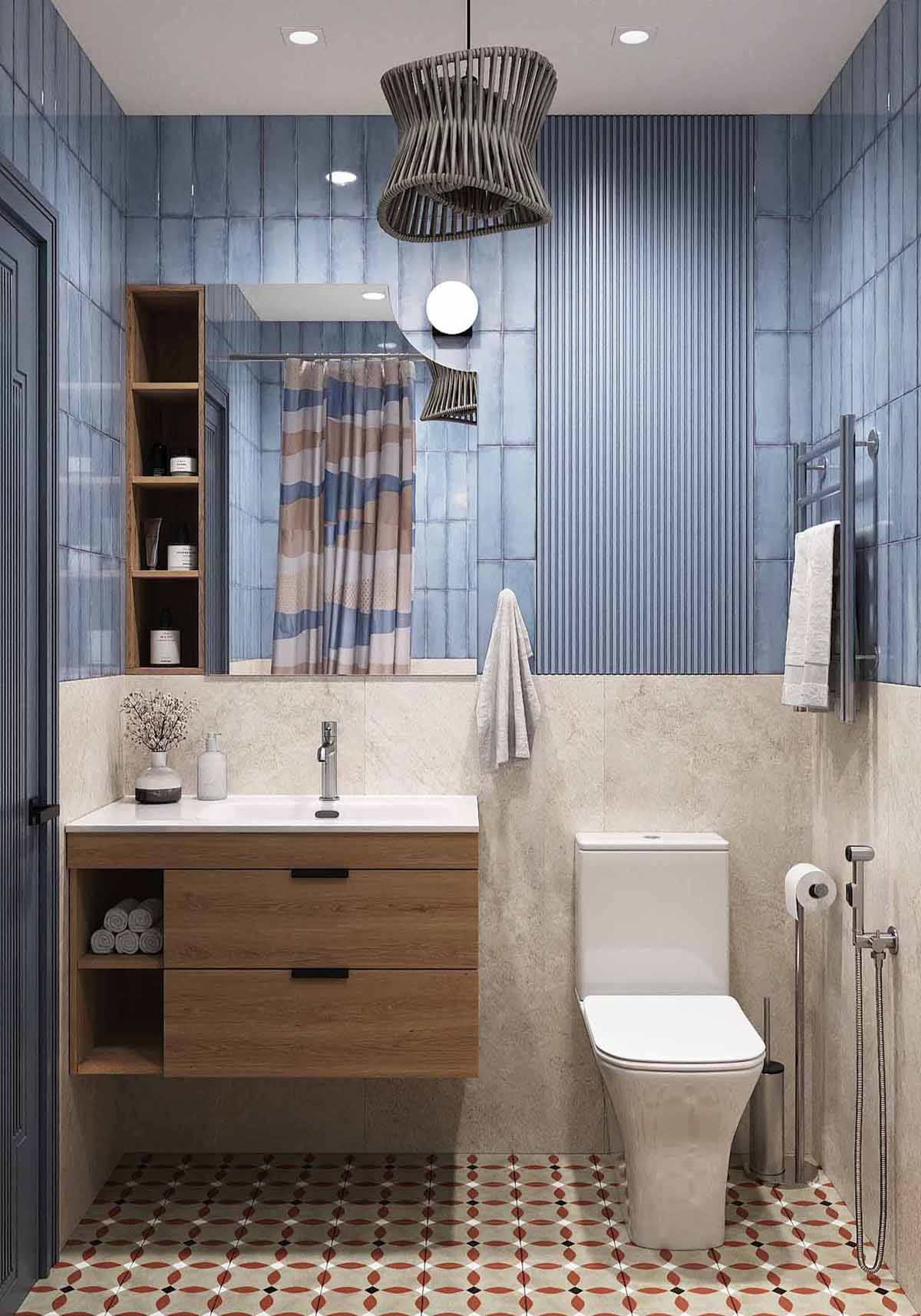 salle de bain bleu sol carreaux de ciment petit appartement 54m2 pour 4