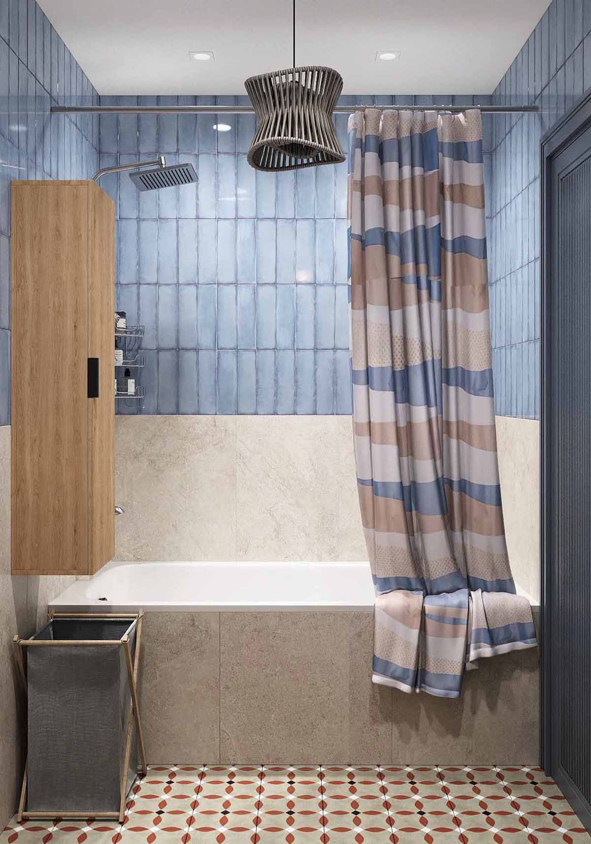 salle de bain bleu sol carreaux de ciment petit appartement 54m2 pour 4
