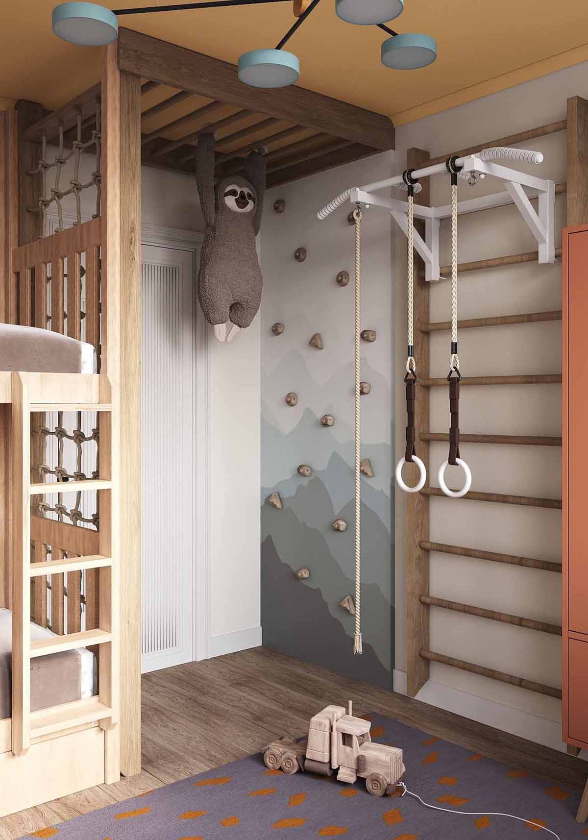 chambre enfant avec mur escalade décoration contemporaine petit appartement 54m2 pour 4