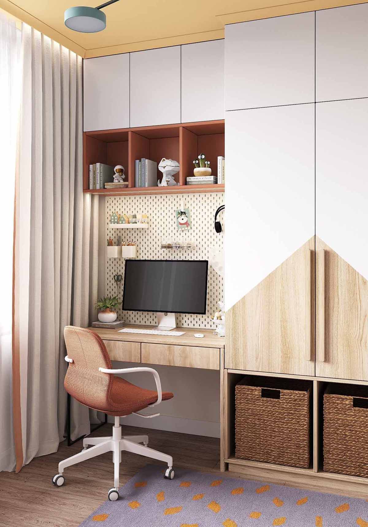 chambre enfant avec espace bureau décoration contemporaine petit appartement 54m2 pour 4