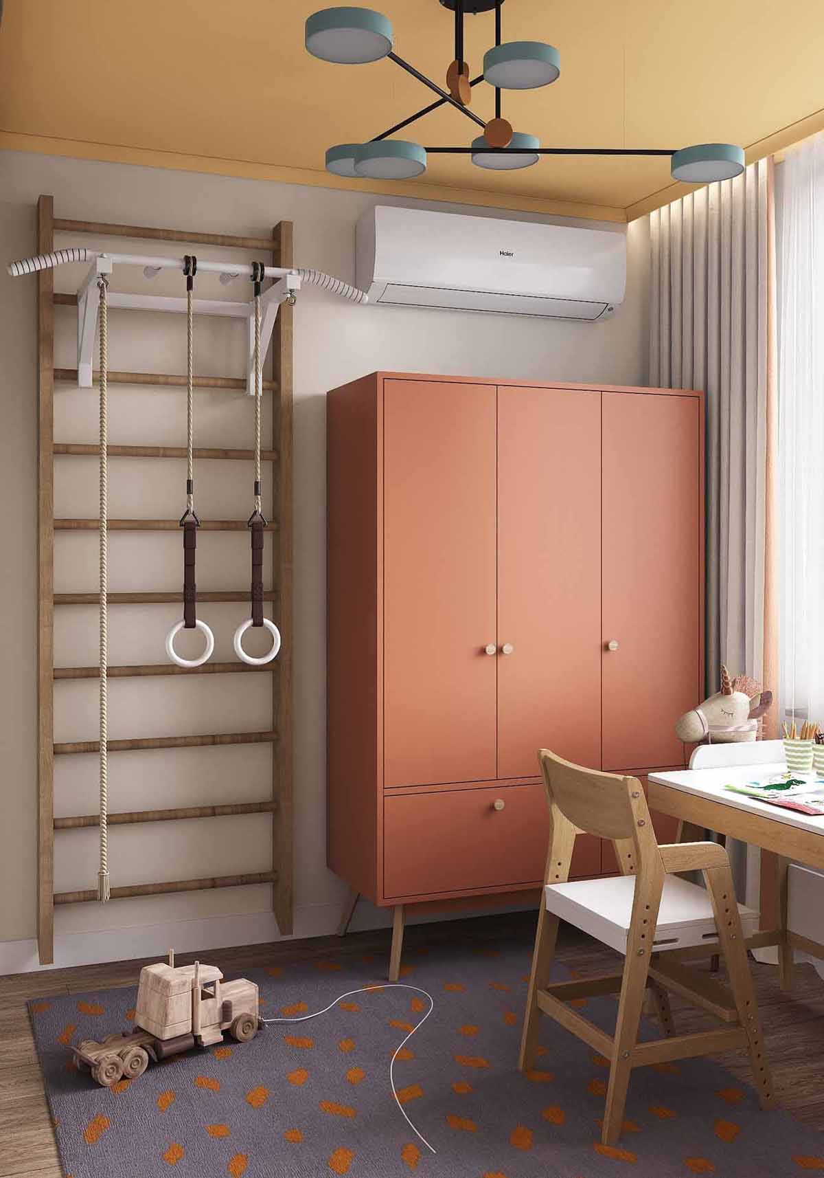 chambre enfant avec espace bureau et agrès décoration contemporaine petit appartement 54m2 pour 4