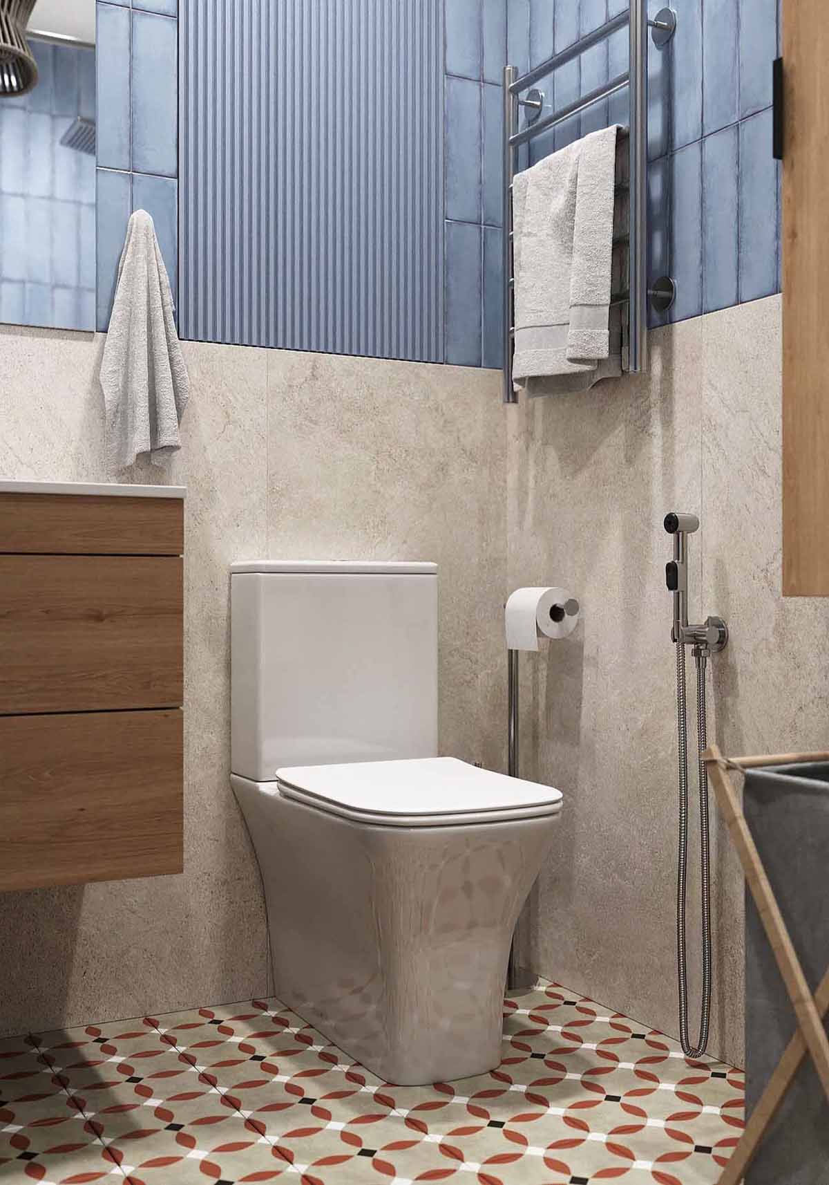 salle de bain bleu sol carreaux de ciment petit appartement 54m2 pour 4