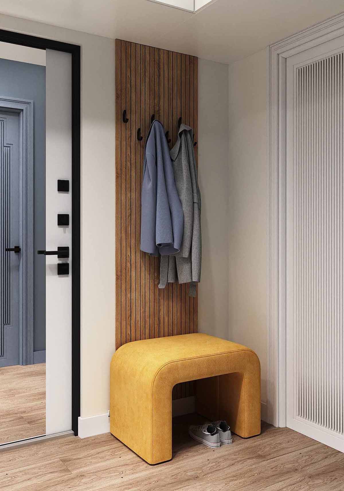 entrée avec banc petit appartement 54m2 pour 4