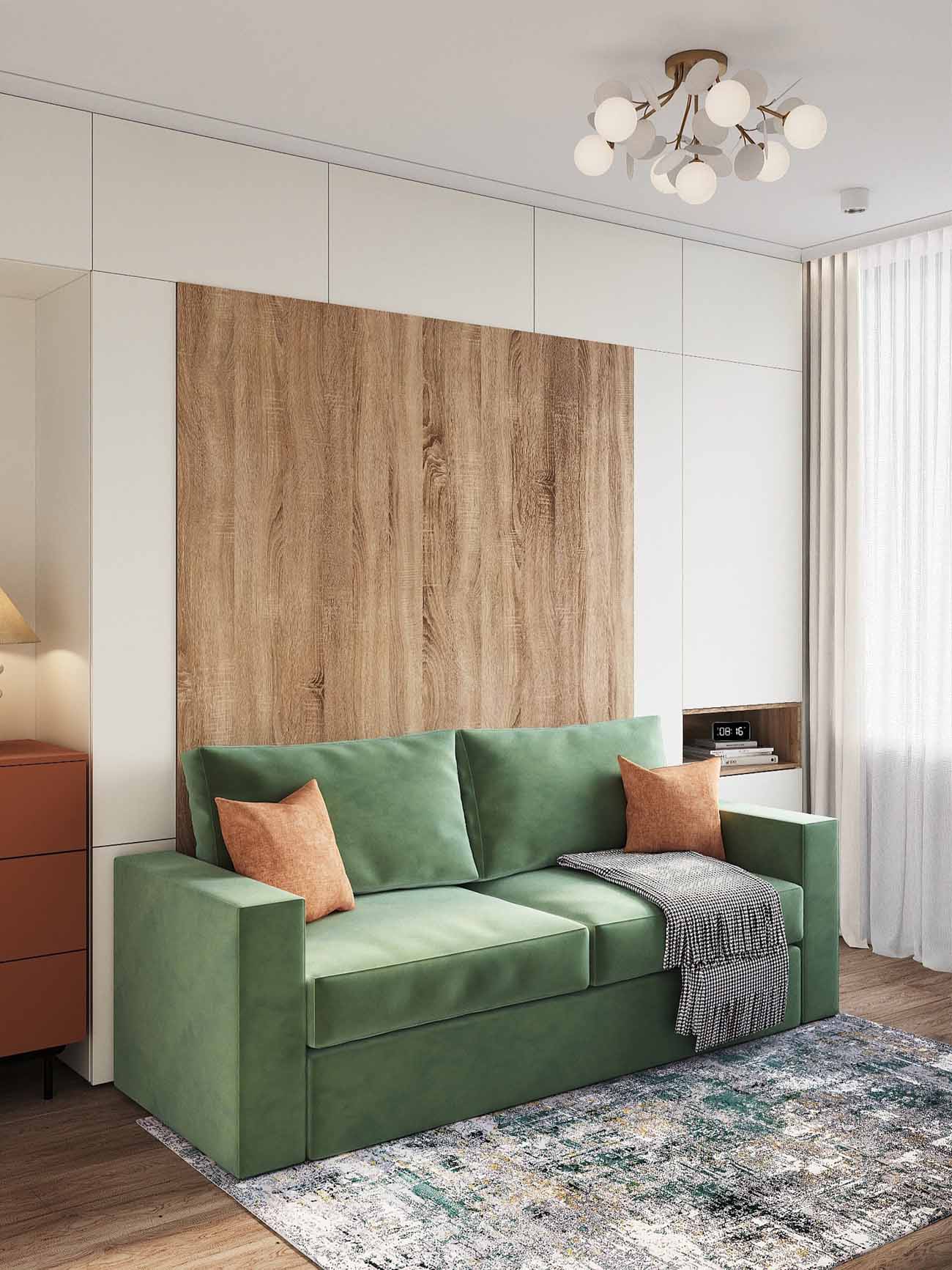 chambre avec lit escamotable armoire décoration contemporaine petit appartement 54m2 pour 4
