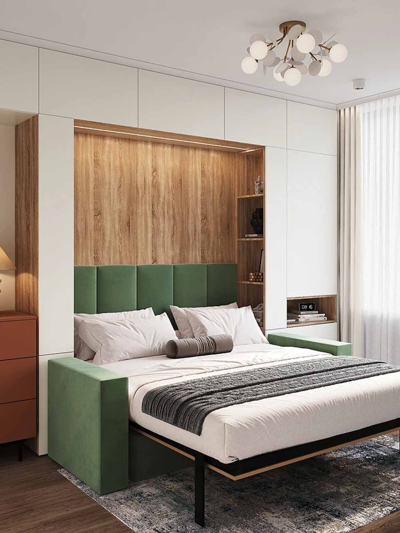 chambre avec lit escamotable armoire décoration contemporaine petit appartement 54m2 pour 4