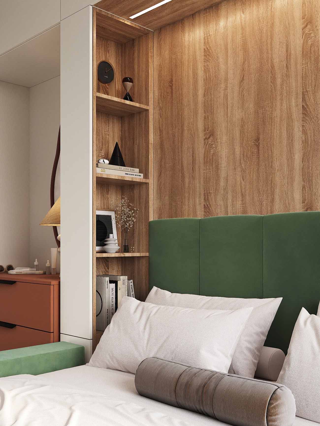 chambre avec lit escamotable armoire décoration contemporaine petit appartement 54m2 pour 4