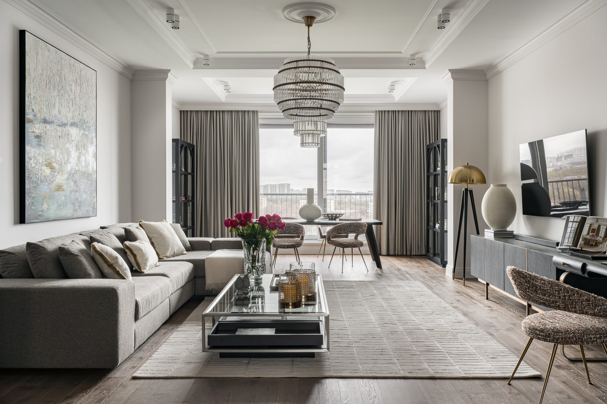 salon avec bureau et salle à manger appartement décoration contemporaine