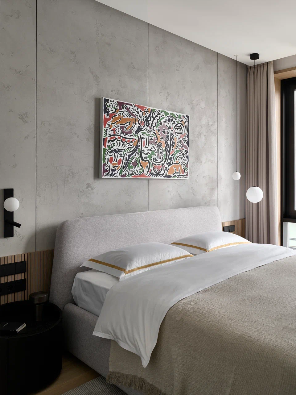 chambre mur gris appartement décoration design style Japandi chambre mur gris appartement décoration design style Japandi