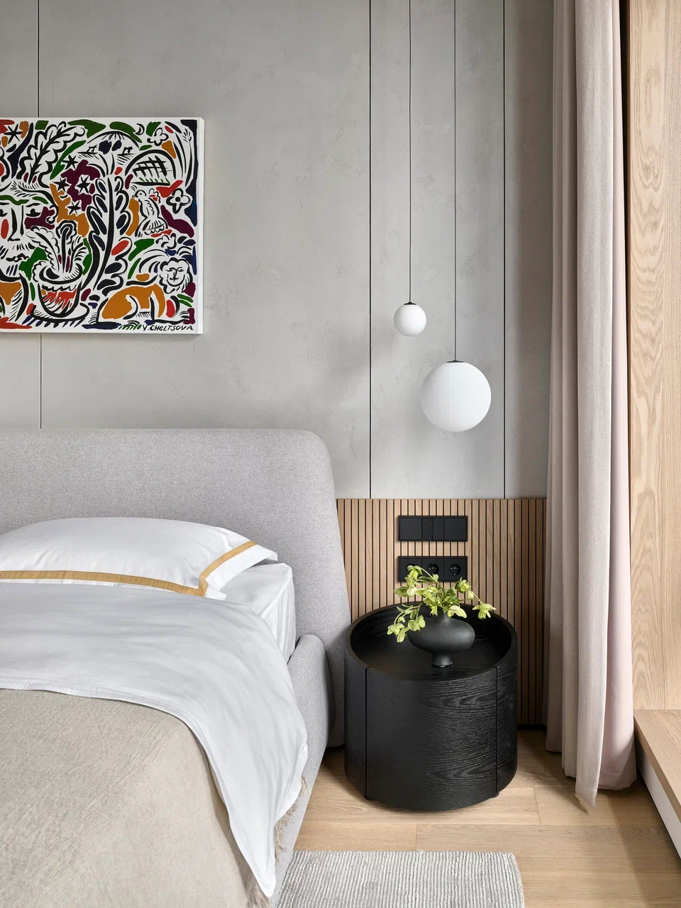 chambre mur gris appartement décoration design style Japandi chambre mur gris appartement décoration design style Japandi
