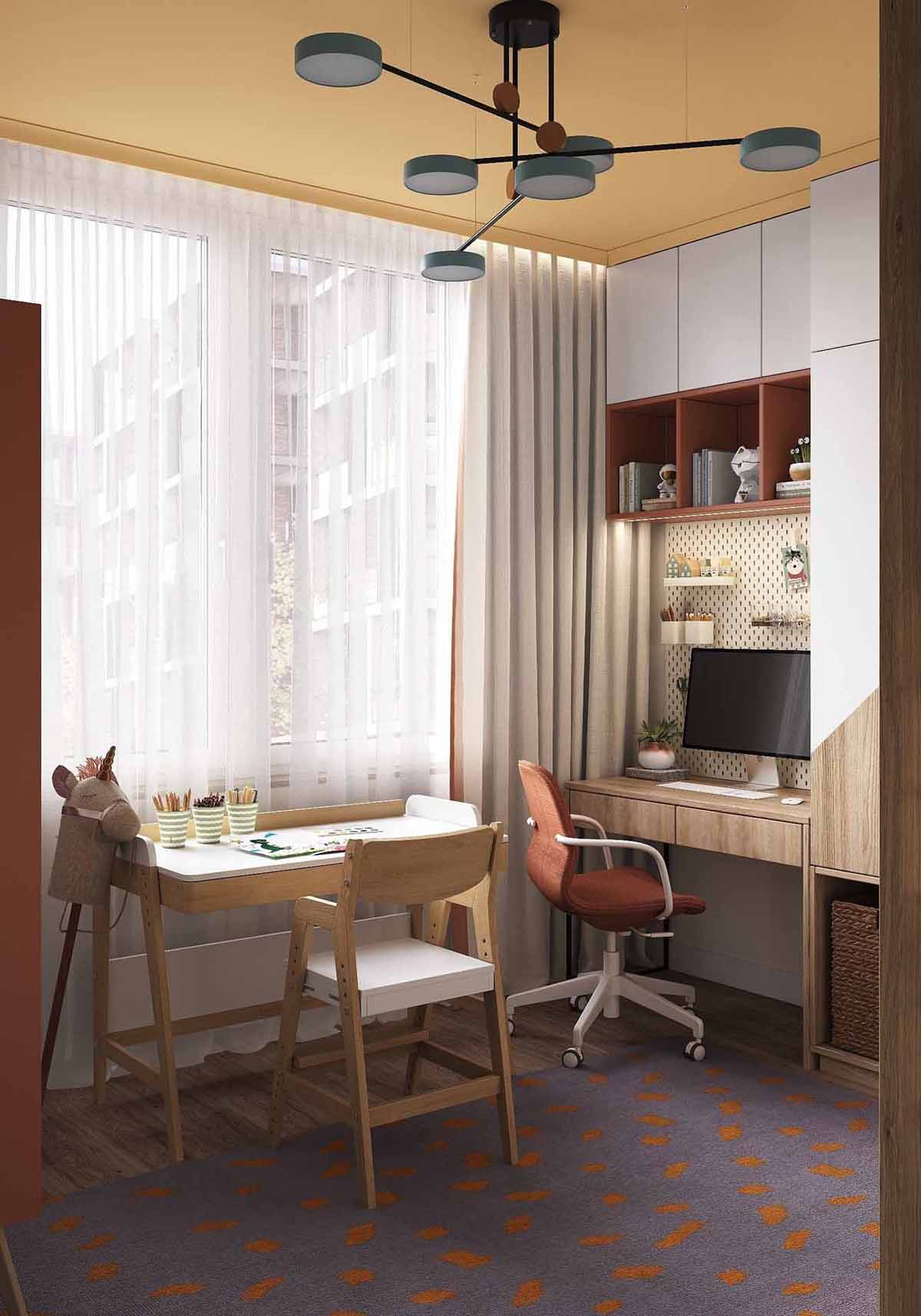 chambre enfant avec espace bureau décoration contemporaine petit appartement 54m2 pour 4