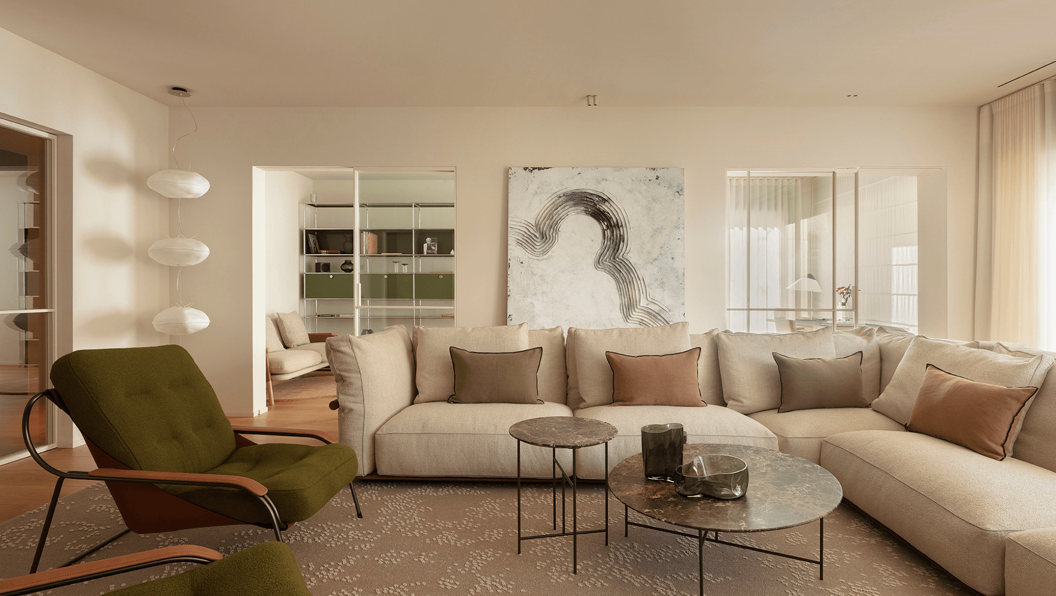 living room natural colours contemporary decor apartment in Barcelona by The Room Studio