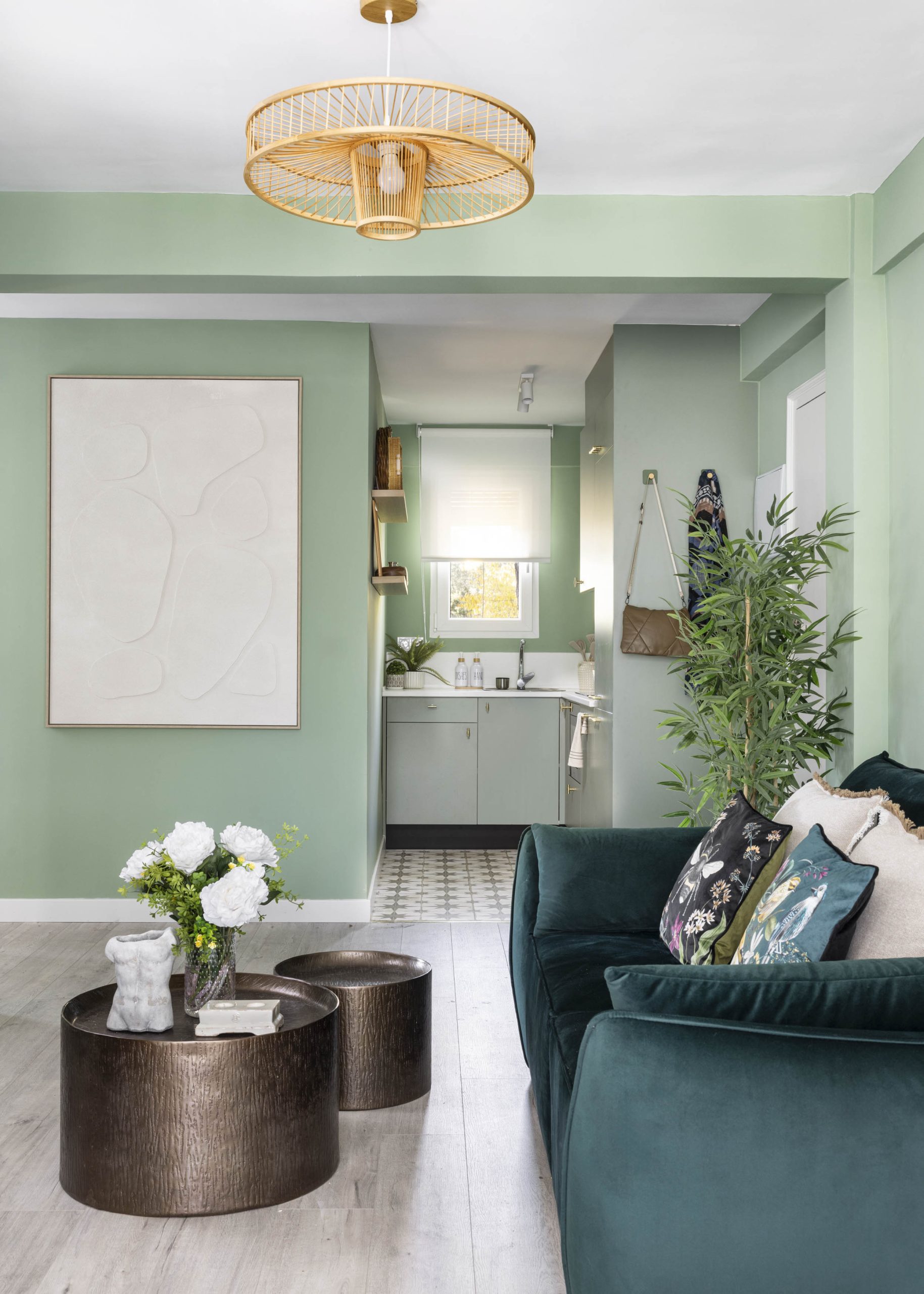 living room and kitchen green decor 58sqm apartment