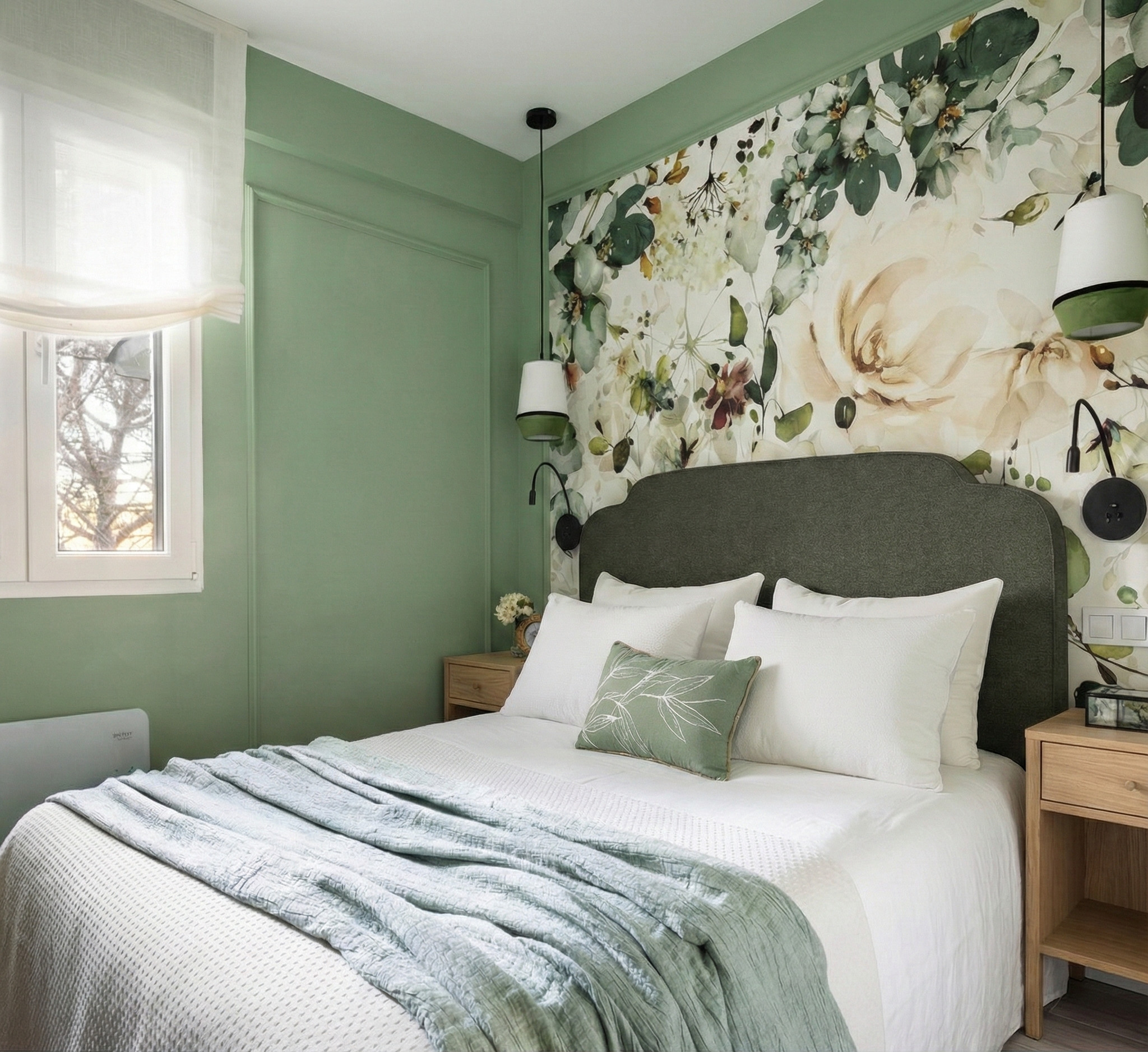 modern bedroom with wallpaper with a plant motif