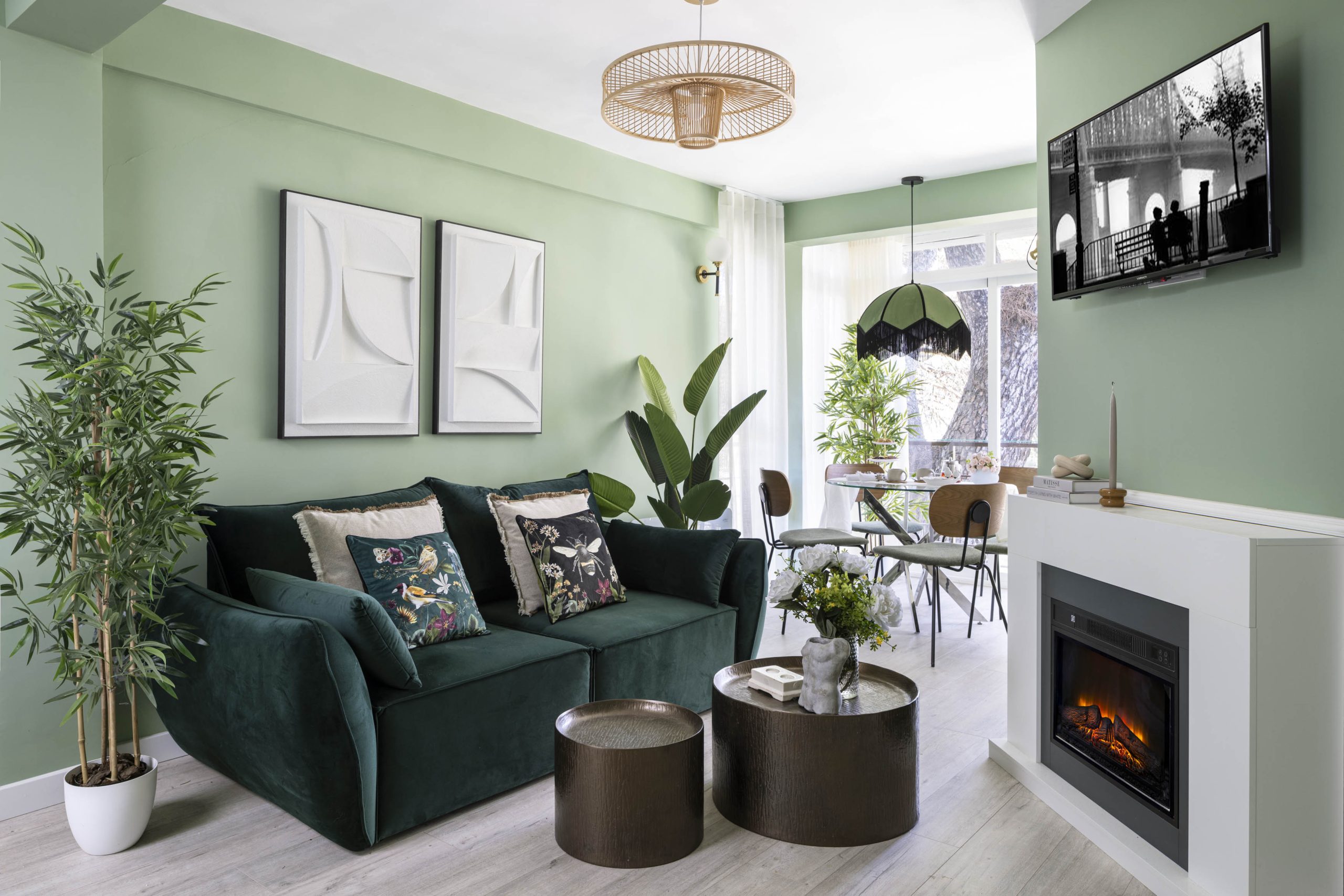living room with fireplace green decor 58sqm apartment