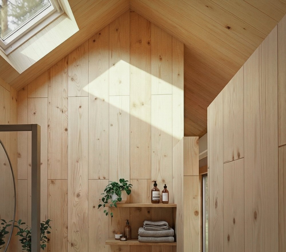 salle de bain avec velux et murs de bois