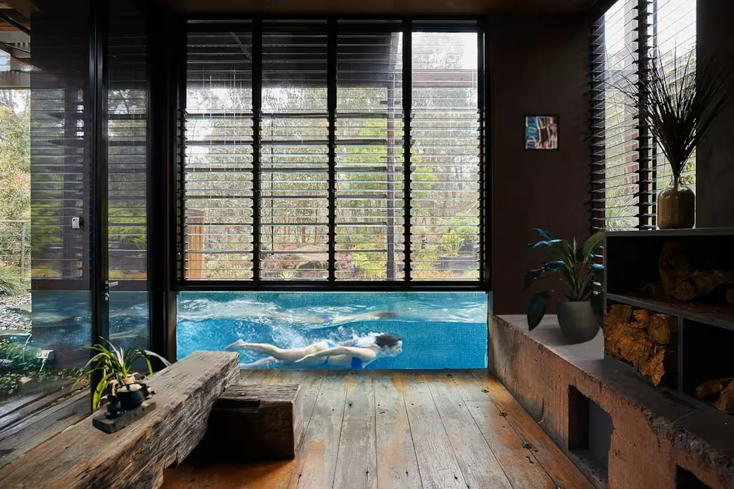 living room and pool living room and pool