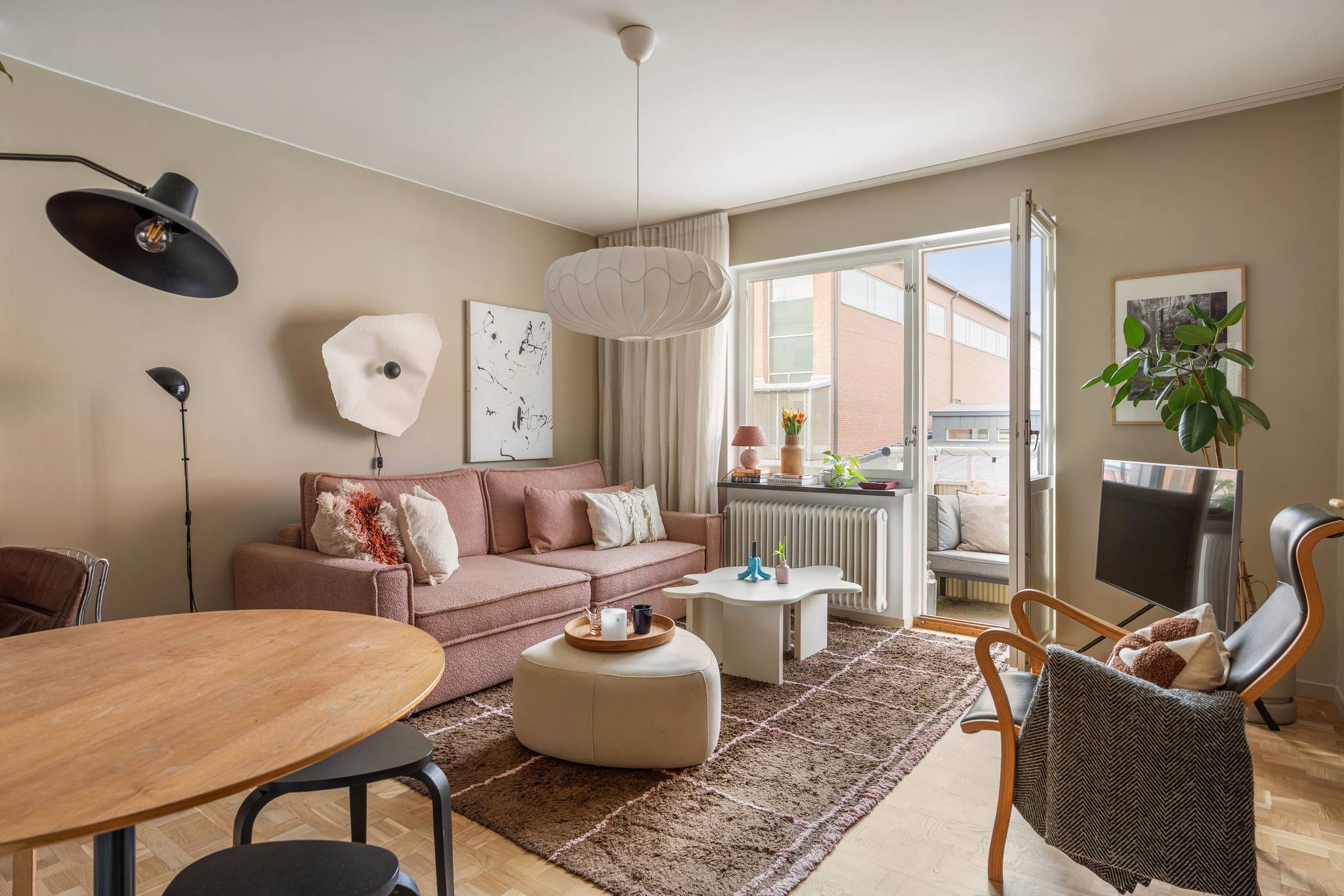 living room with pink sofa scandinavian decor 1950s apartment