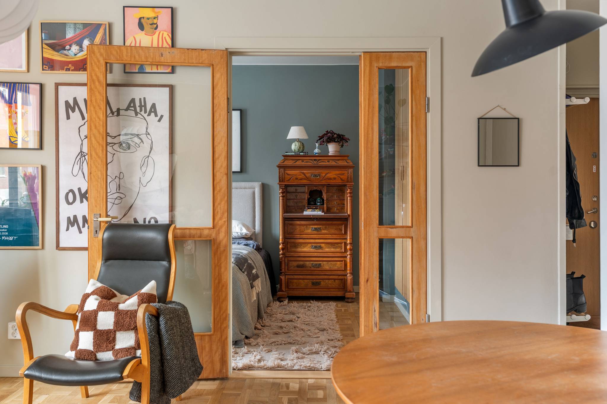 living room dining room and bedroom with glass door fifties nordic style