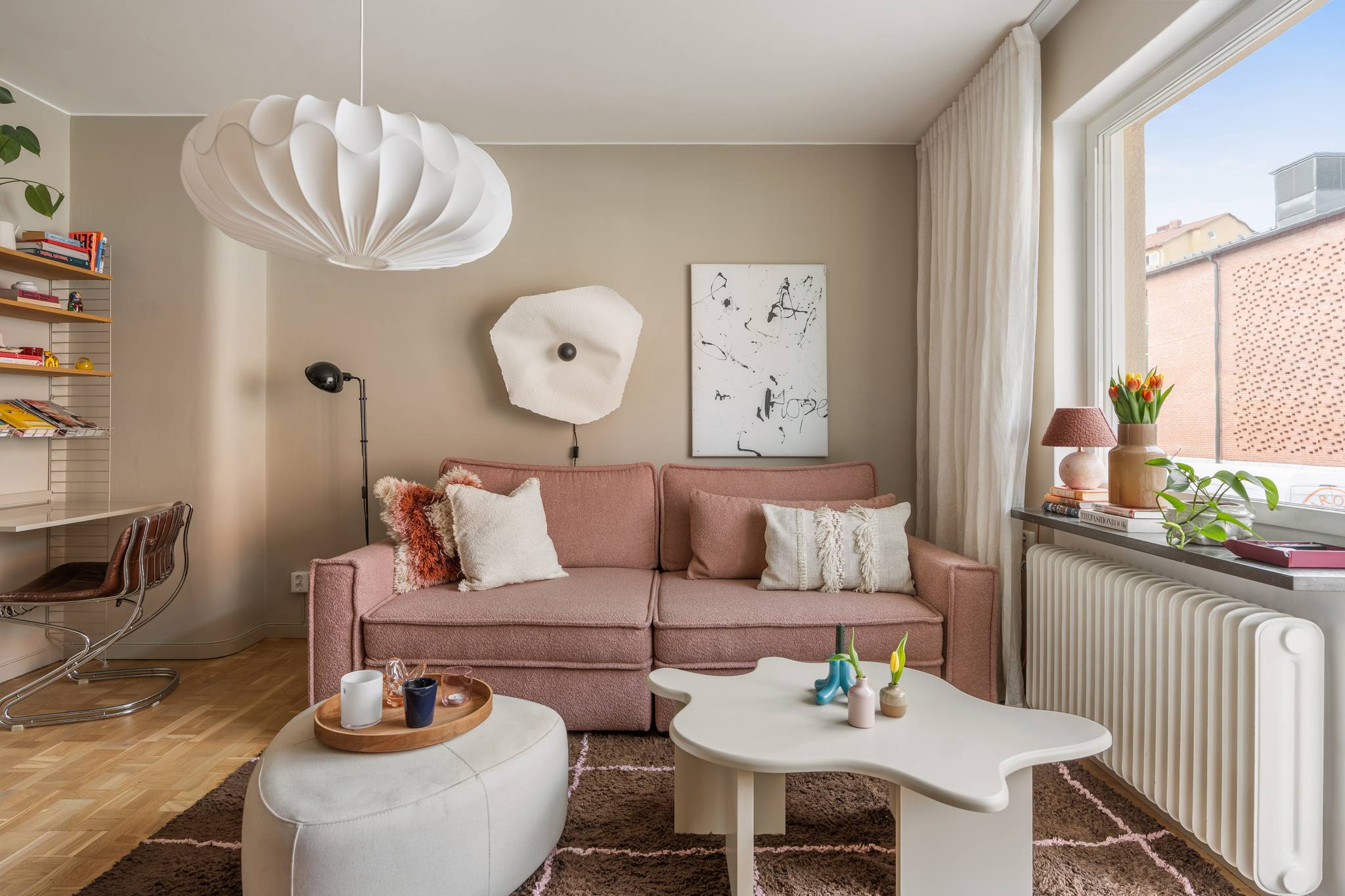 living room with pink sofa scandinavian decor 1950s apartment
