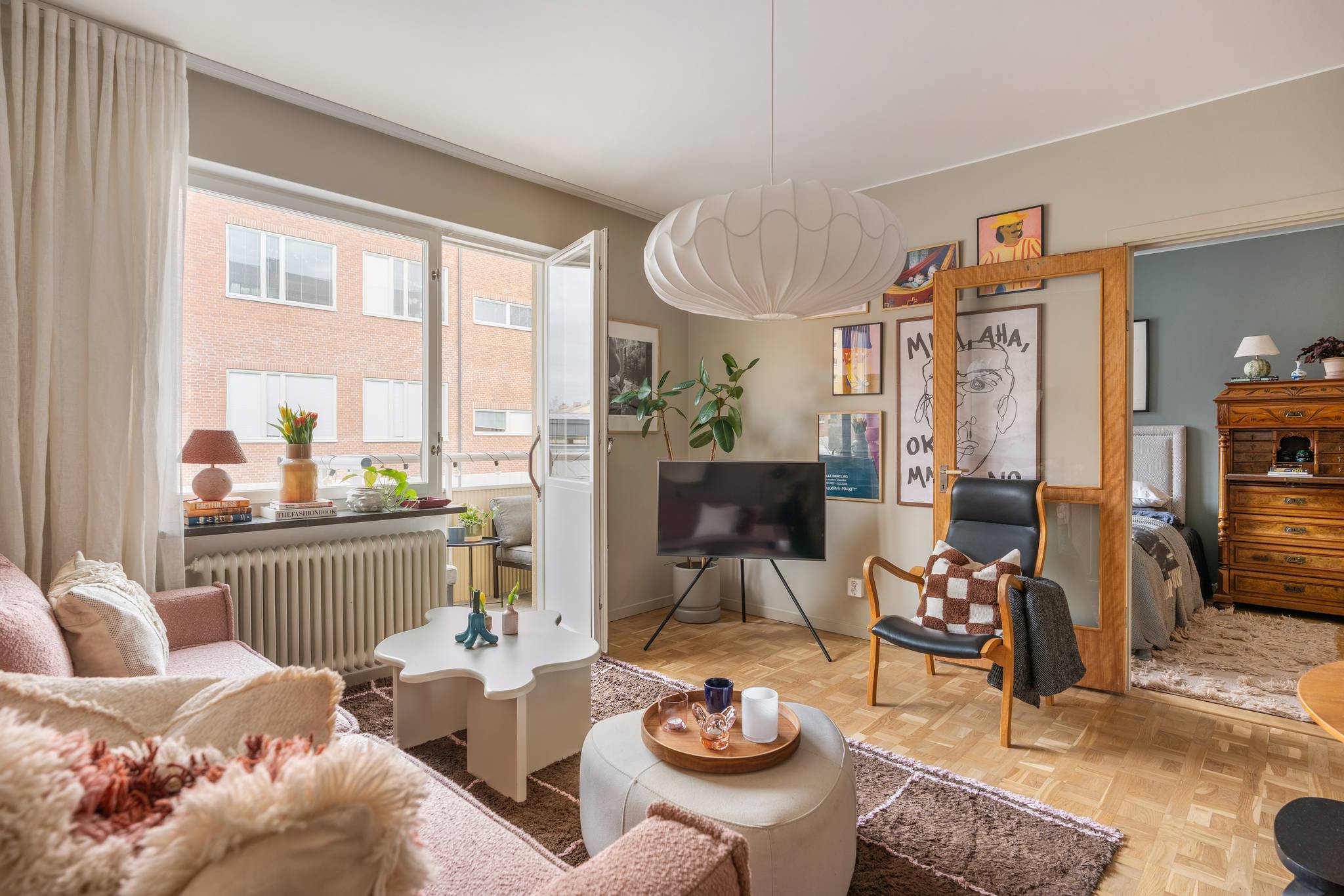 living room with pink sofa scandinavian decor 1950s apartment