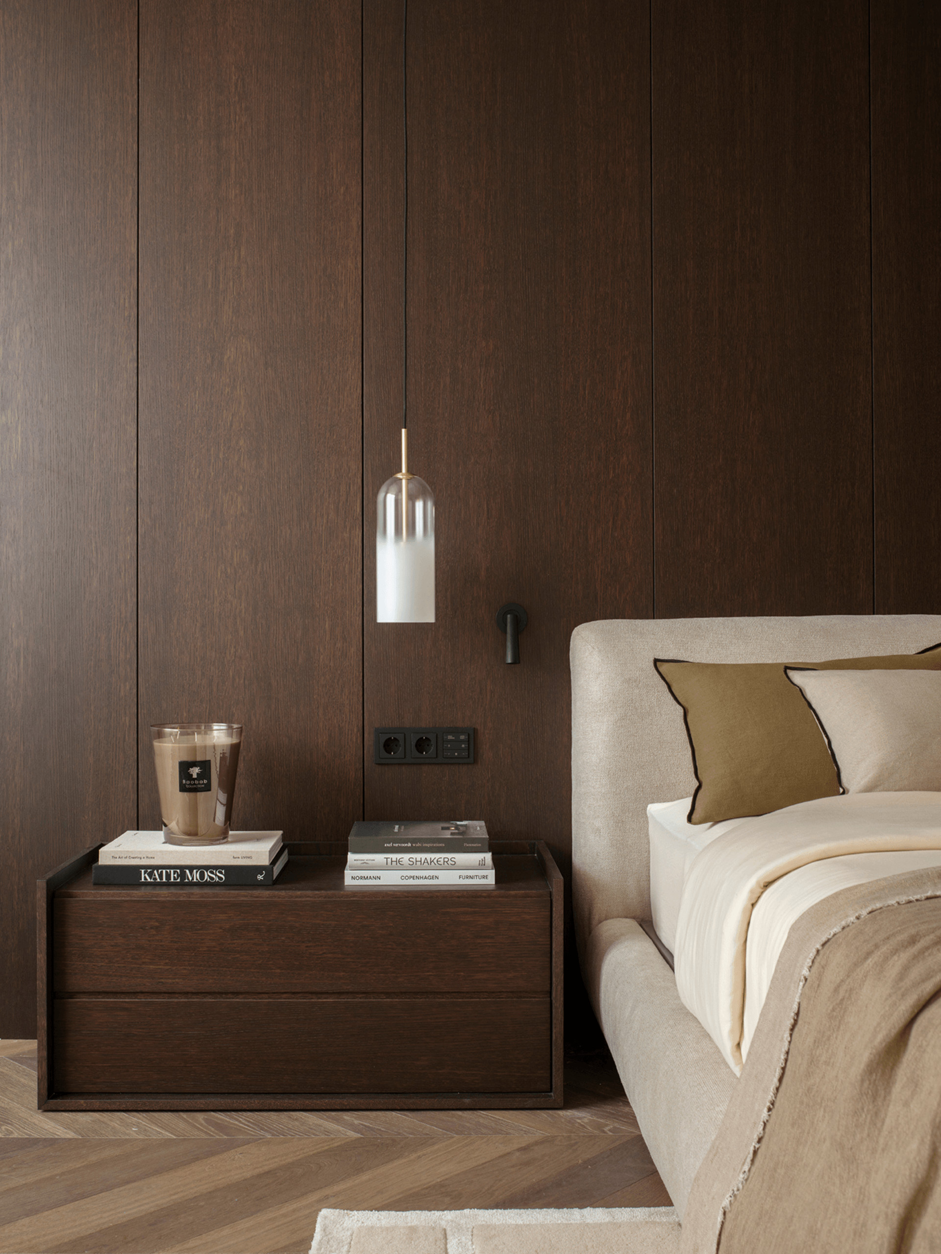 chambre mur noyer décoration contemporaine beige
