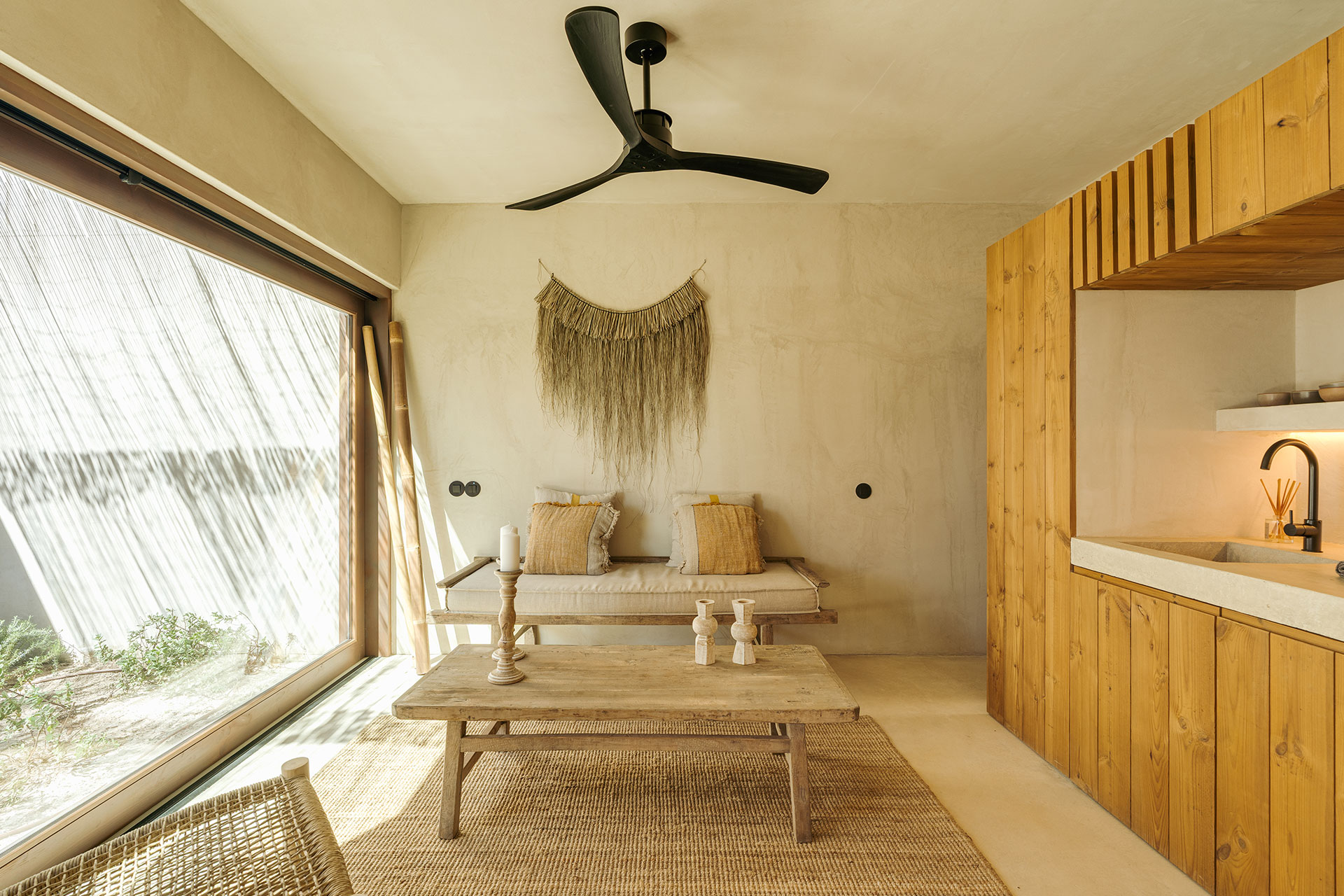 small living room and open kitchen natural style decor house in Comporta Villa Sandstone