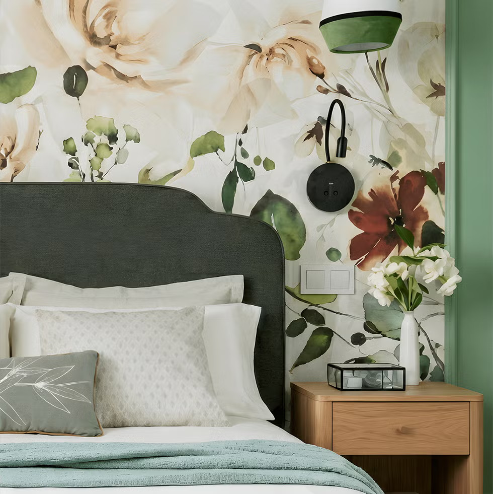 modern bedroom with wallpaper with a plant motif