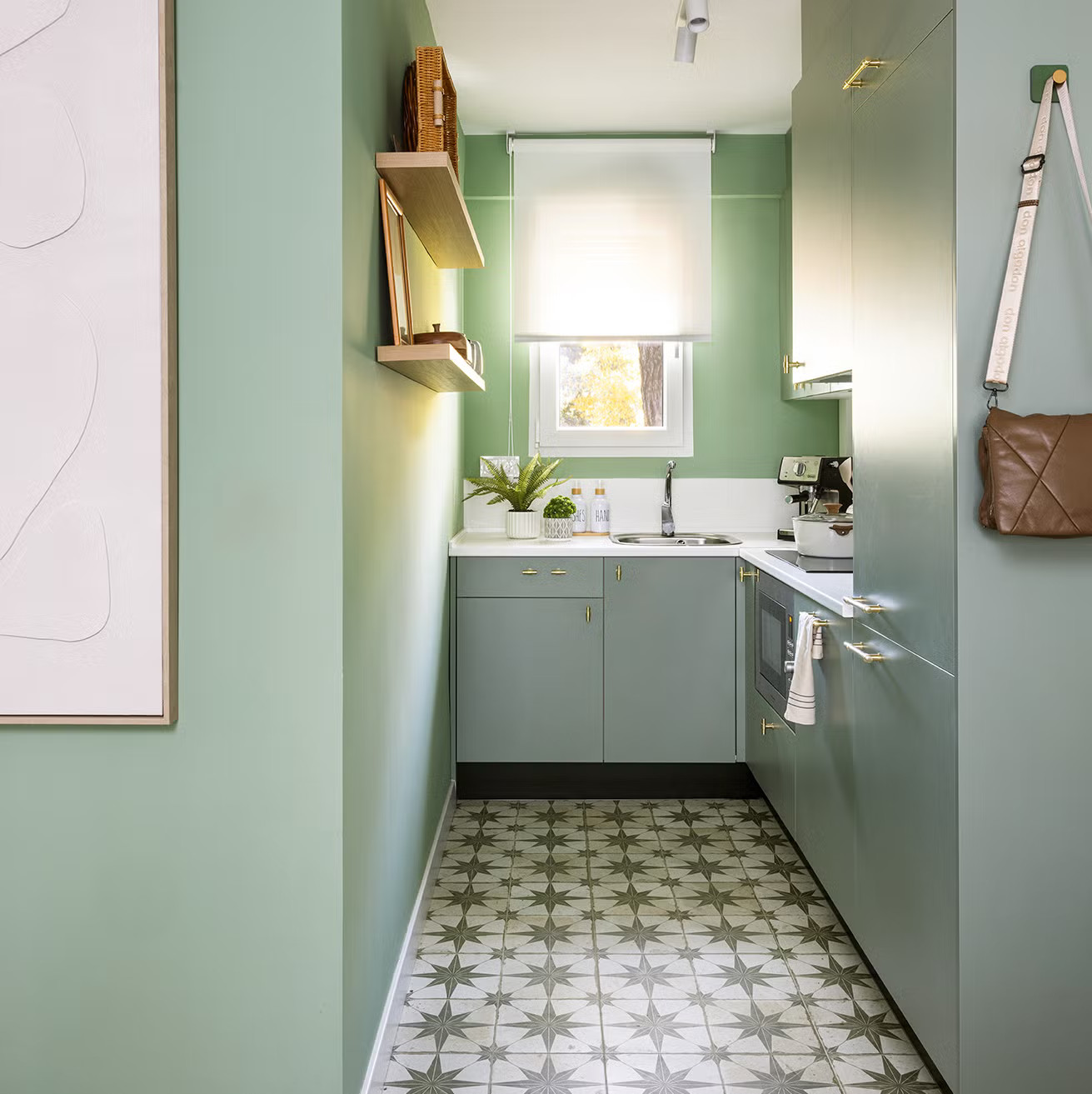 kitchen with cement tiles green decor 58sqm apartment