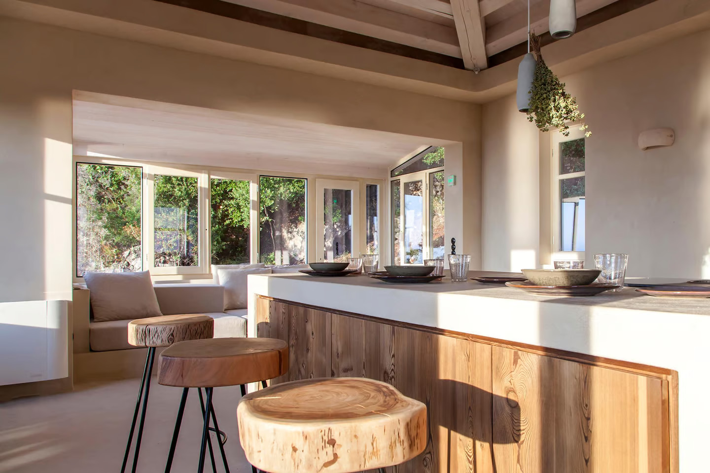 kitchen and living room contemporary house Greece with pool Agios Nikitas
