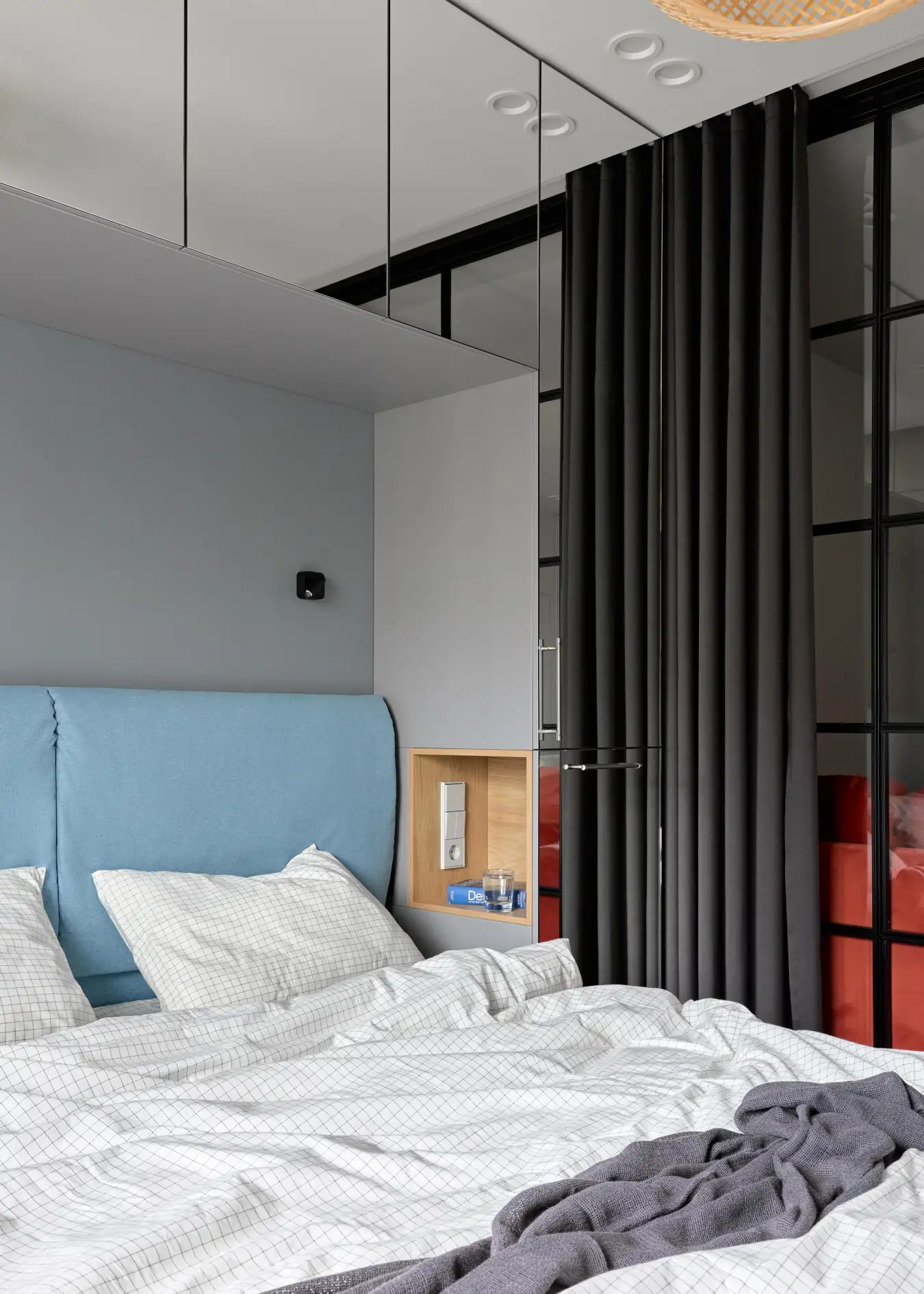 bedroom with glass partition two-room flat with IKEA furniture