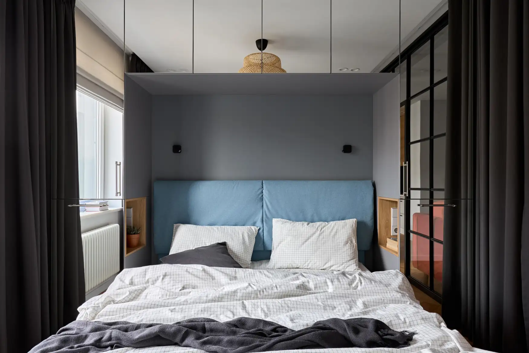bedroom with glass partition two-room flat with IKEA furniture