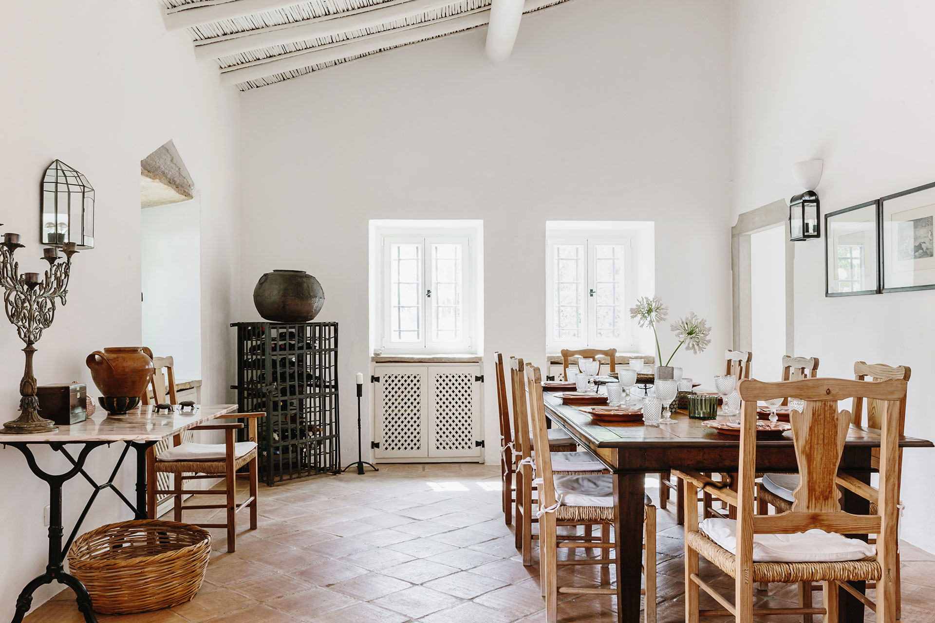 dining room with white beams Portuguese country house with pool rustic chic decor Monte da Palmeira