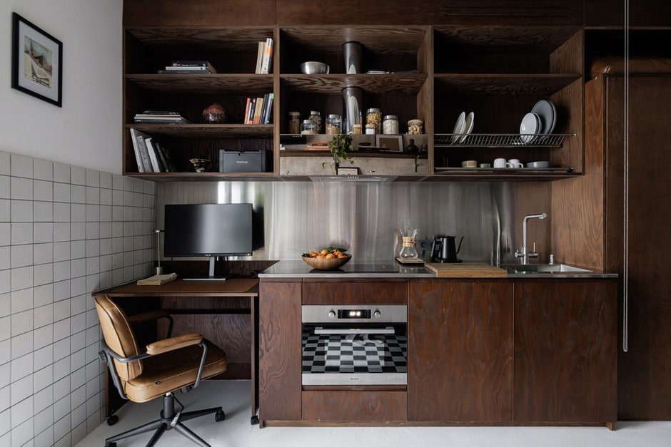espace bureau et cuisine décoration contemporaine tons neutres studio 22m2