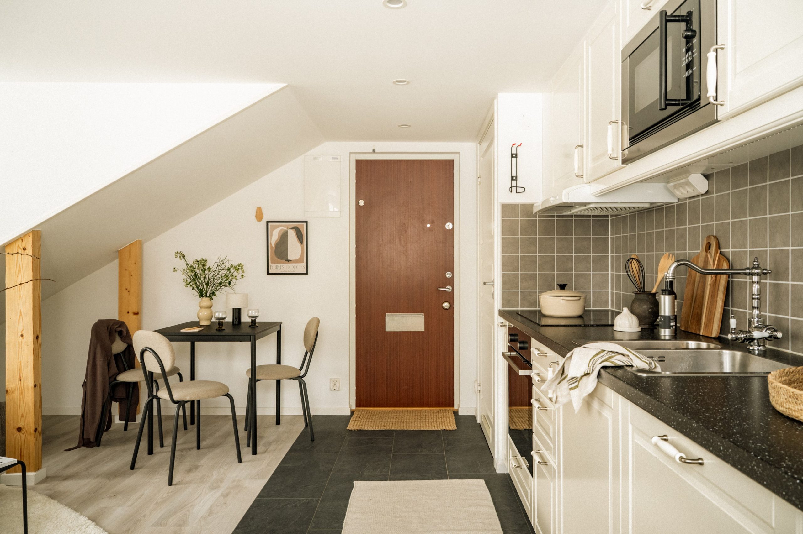 open kitchen and living room scandinavian decor 34sqm apartement under the attic