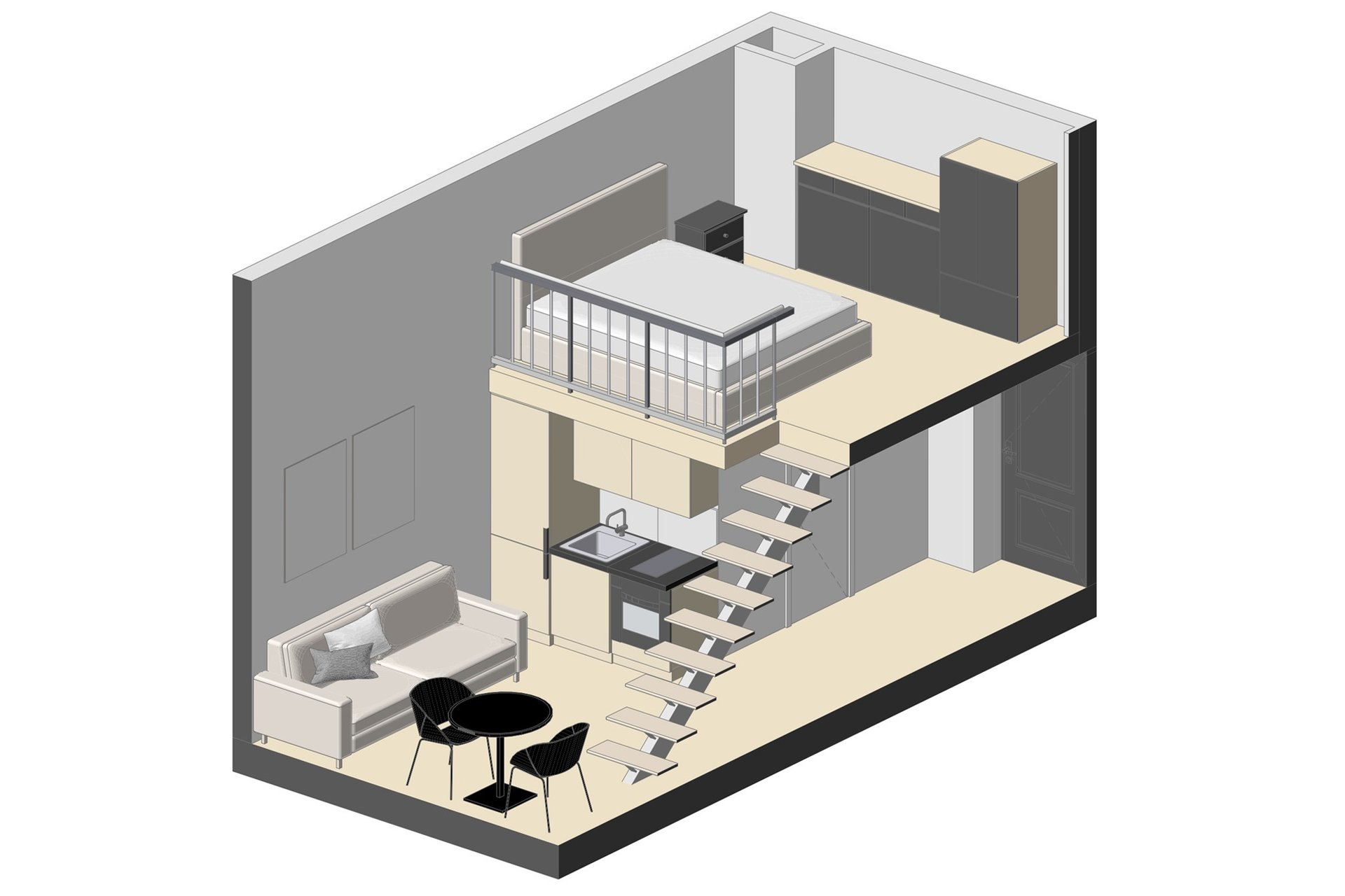 plan 3D studio 20m2 avec mezzanine