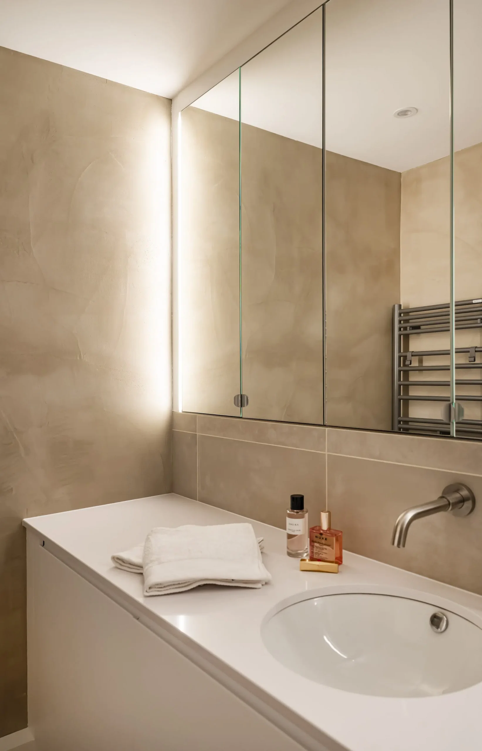 salle de bain rénovation appartement 28m2 avec jardin près de Paris décoration contemporaine beige Photo : © Julien Pépy