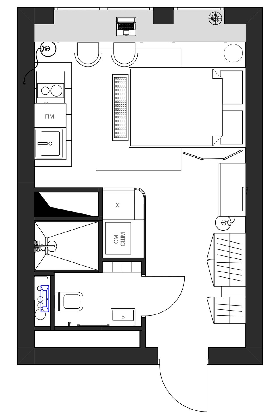plan studio 21m2 avec cuisine cachée