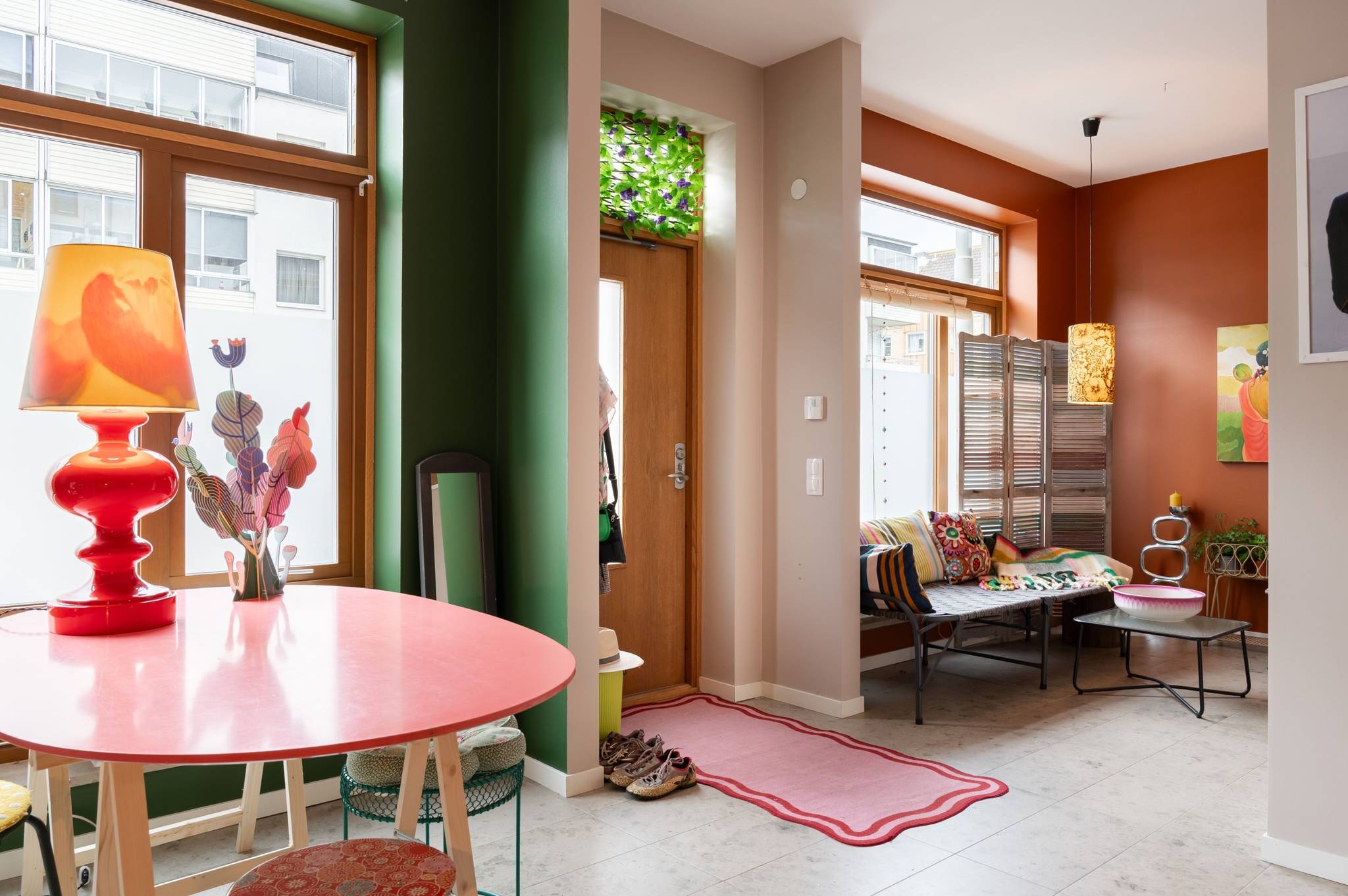 dining room green walls and living room terracotta walls maximalist decor