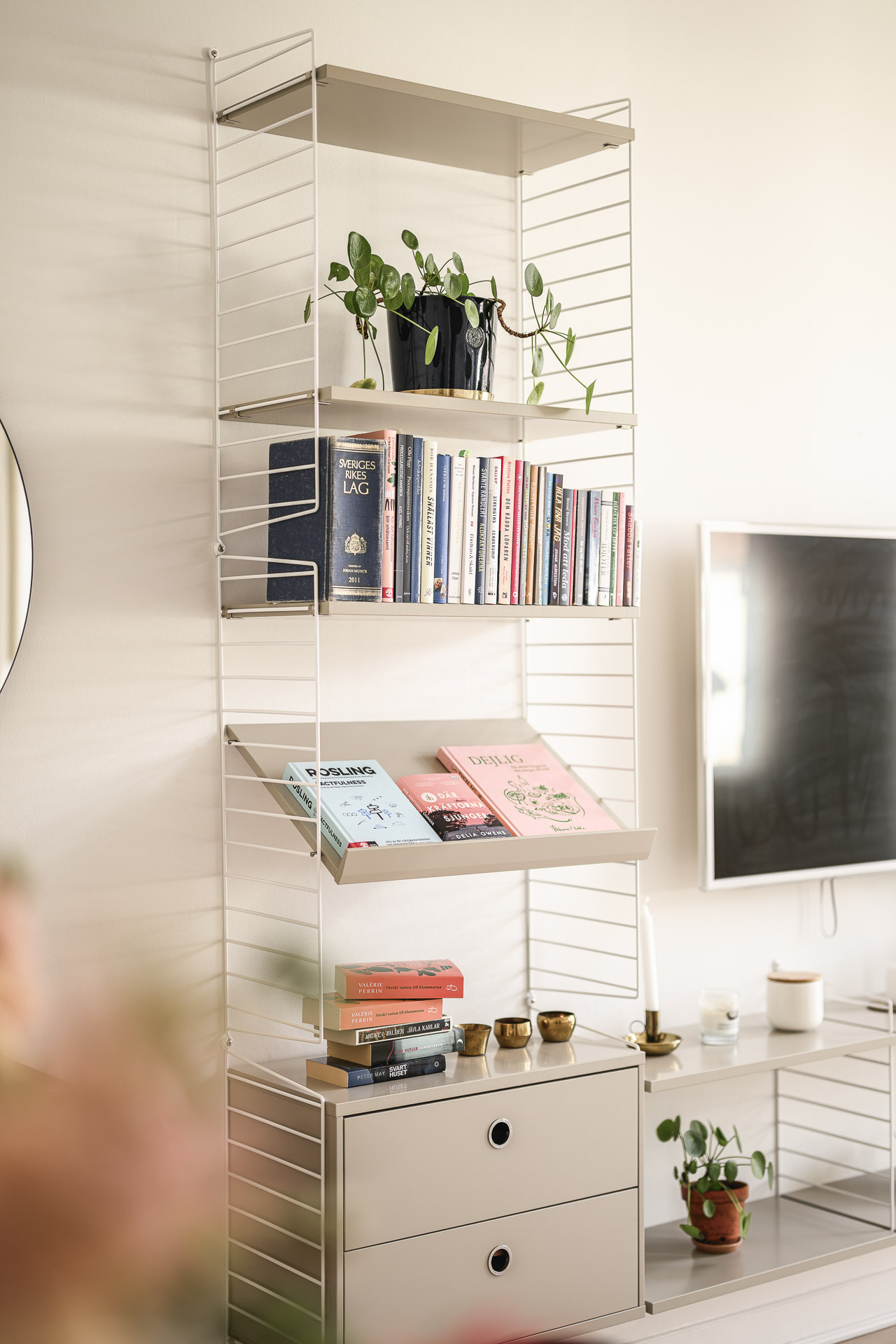 salon décoration scandinave deux-pièces 56m2 étagère String salon décoration scandinave deux-pièces 56m2 étagère String