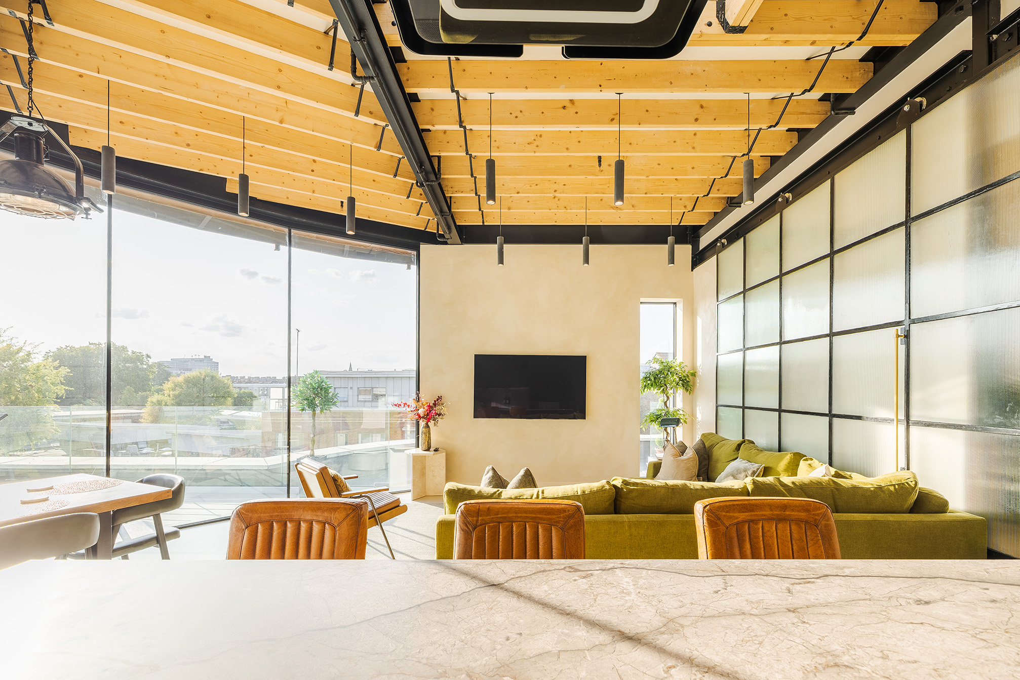 dining room and living room with yellow sofa London penthouse designer decor