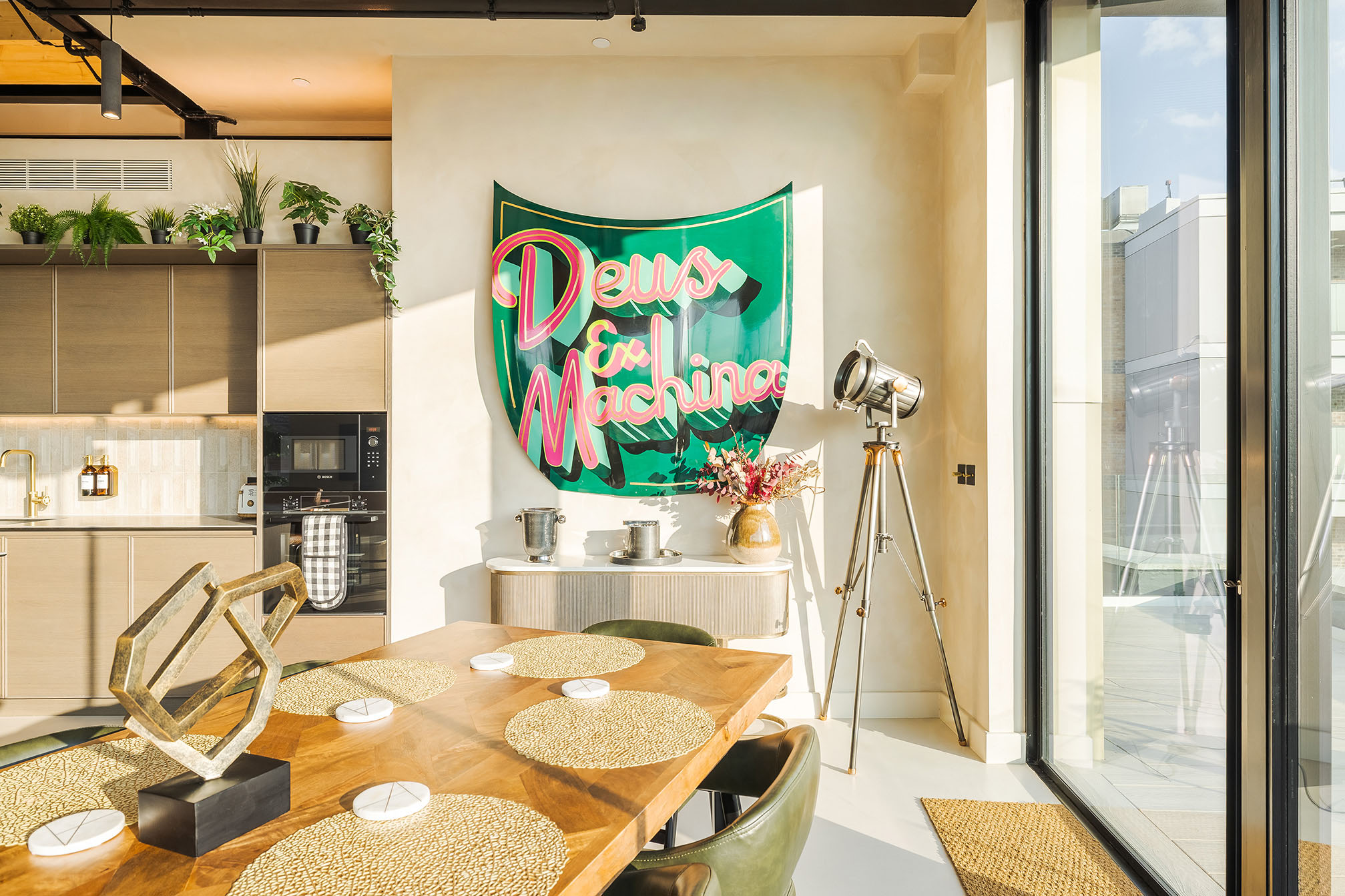 dining room and open kitchen London penthouse designer decor