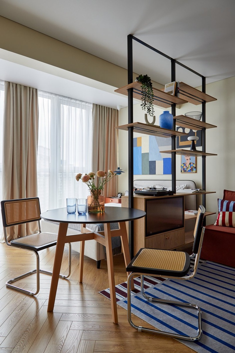 salon séparé de la chambre par étagère canapé rouge brique décoration contemporaine studio 36m2