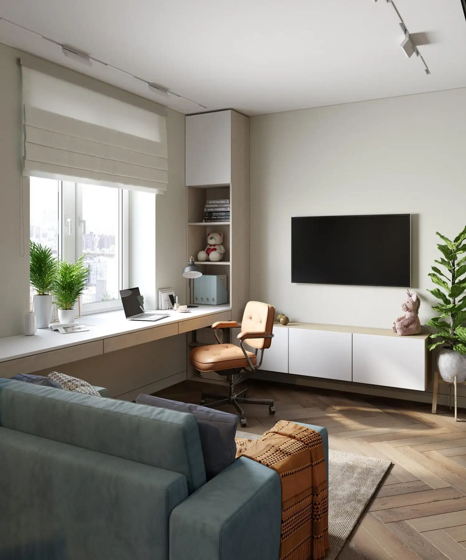 salon avec bureau studio 43m2 pour trois décoration contemporaine