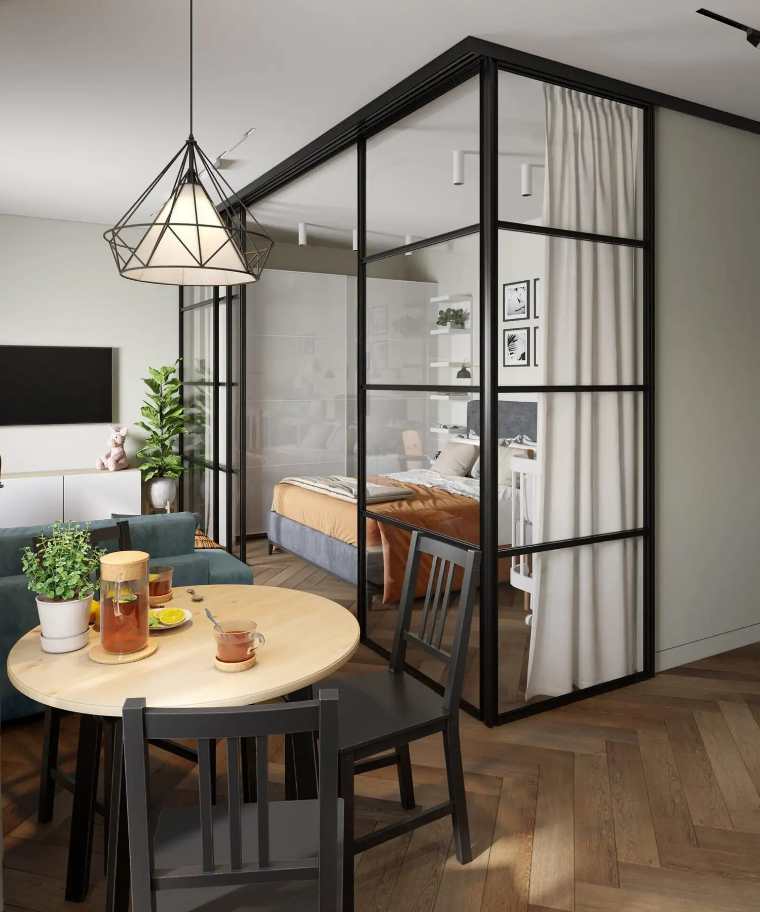 salon et chambre fermée par verrière studio 43m2 pour trois décoration contemporaine