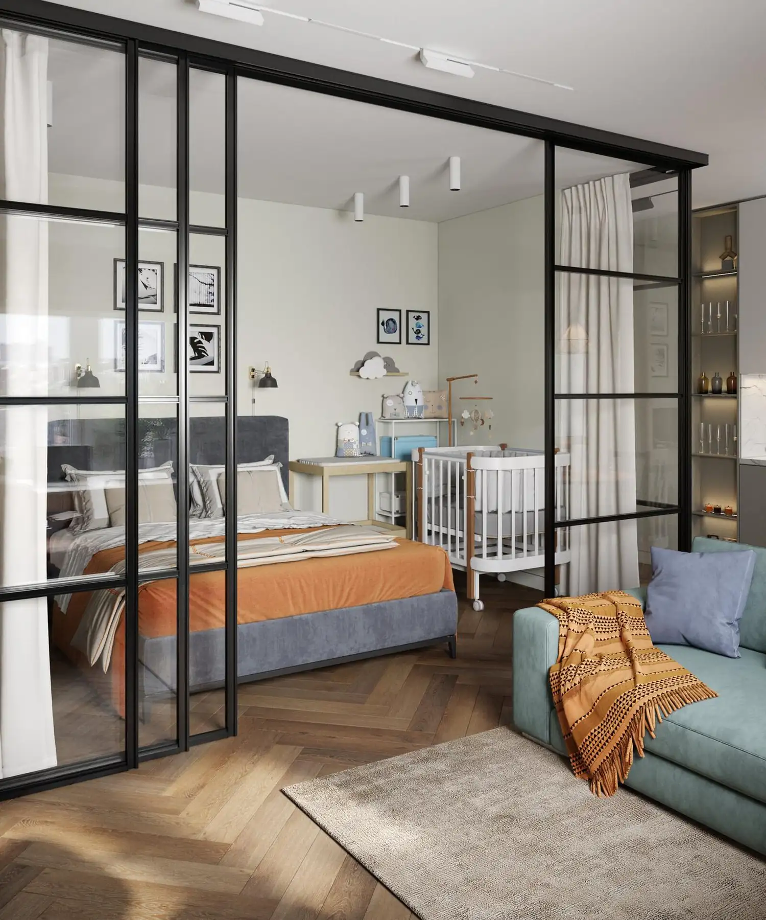 salon et chambre fermée par verrière studio 43m2 pour trois décoration contemporaine