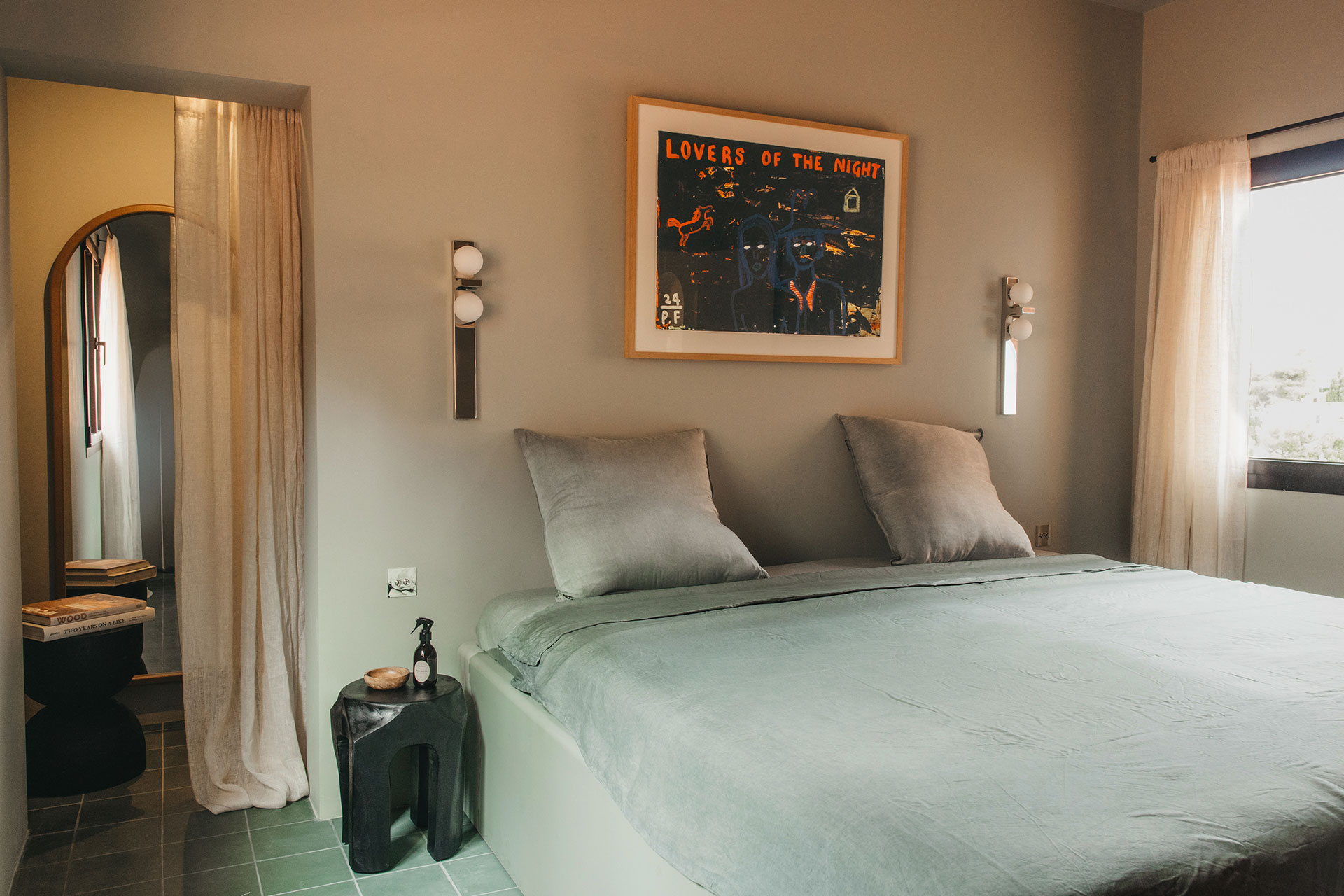 green bedroom Mediterranean house contemporary decor El Puente Al Amor Menorca